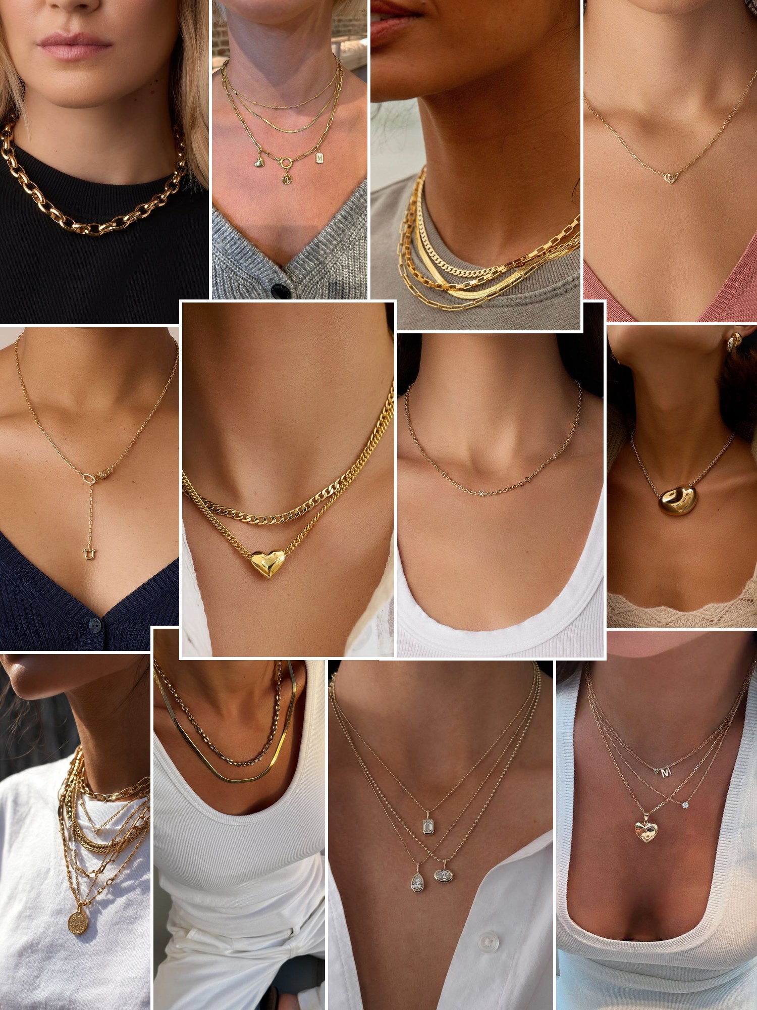 Collage of everyday outfits built around Gorjana necklace