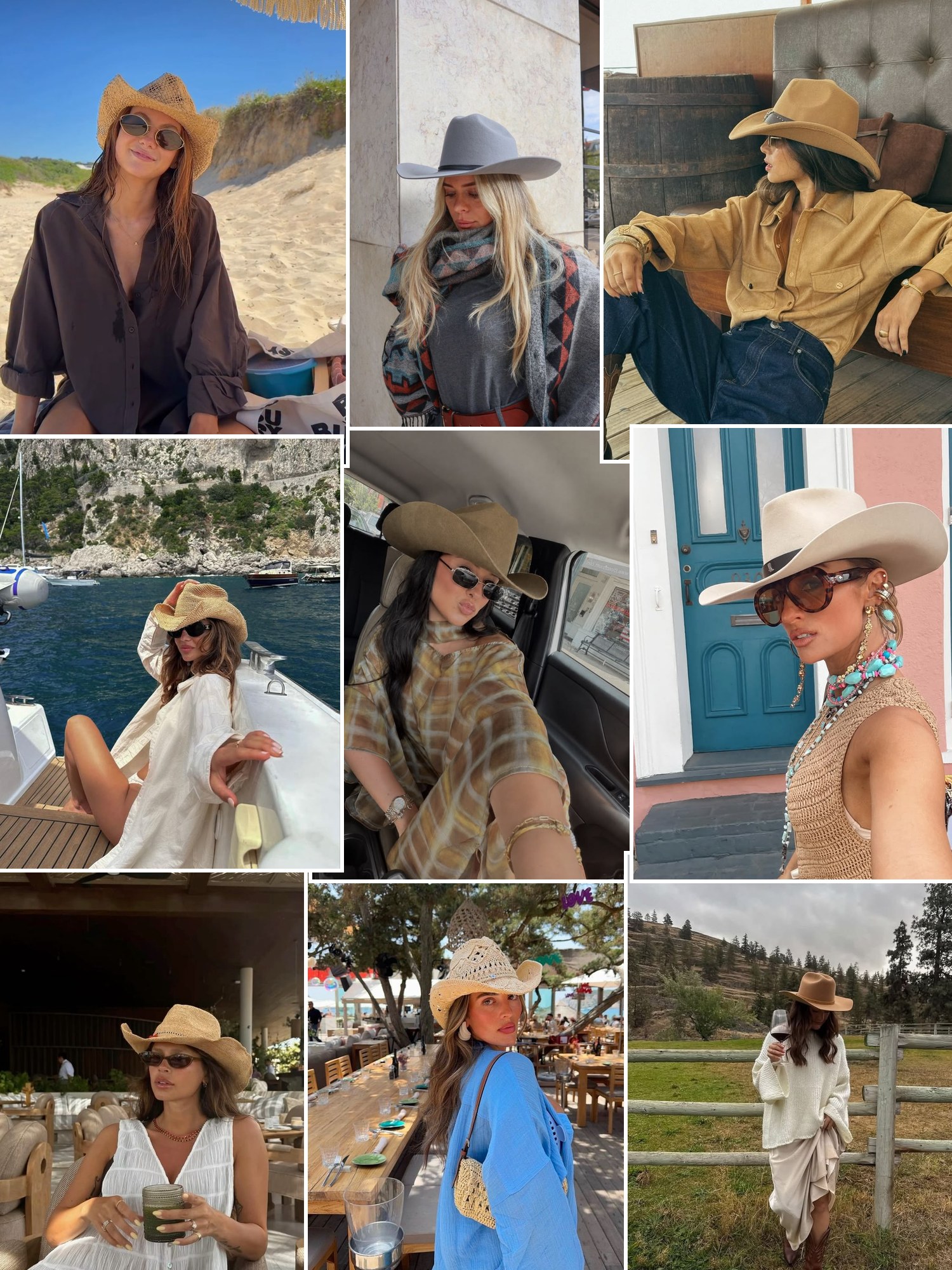 Collage of western outfits with cowboy hats, denim and fringe