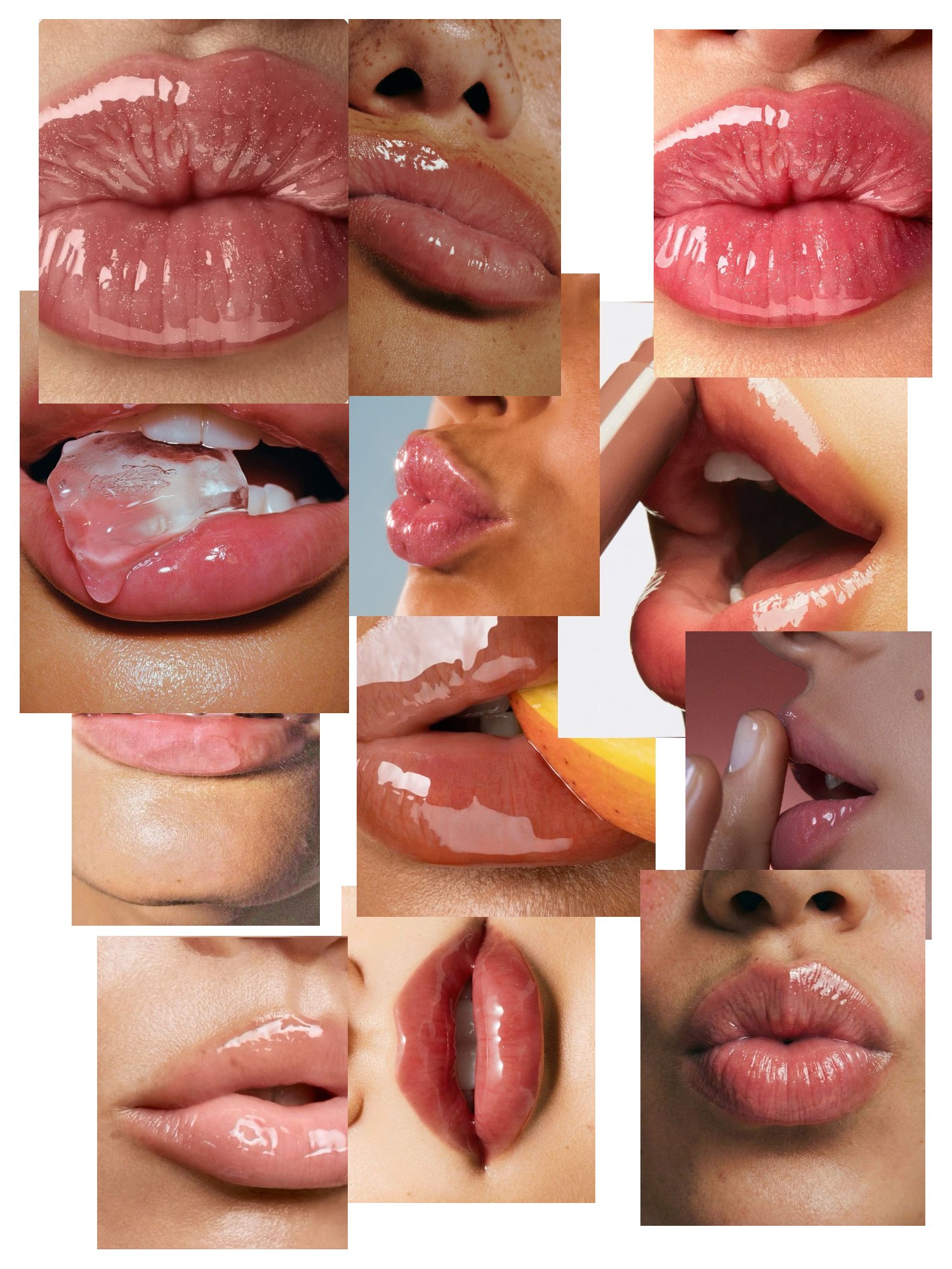 Collage of close-ups of glossy pink and nude lips