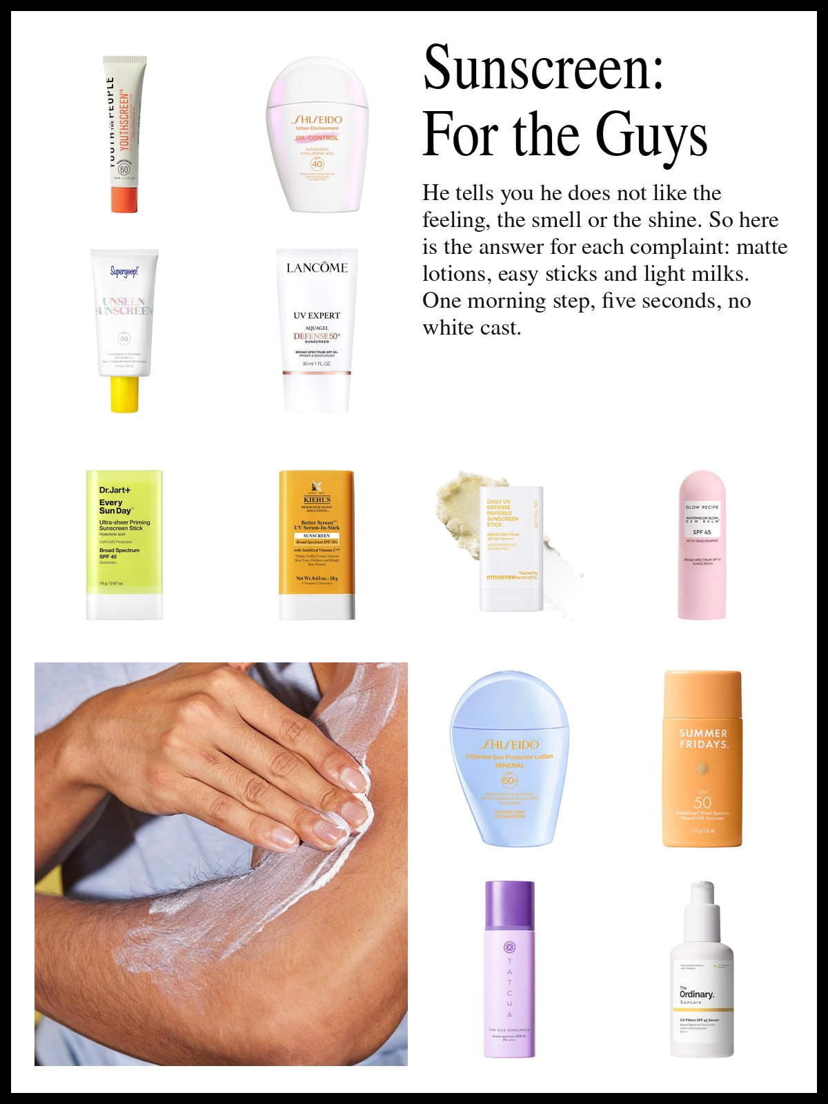 Collage of matte sunscreens, sticks and lotions beside a photo of a glossy pink bottle standing in a white bowl of colorful fruit cereal while a stream of milk pours over it.