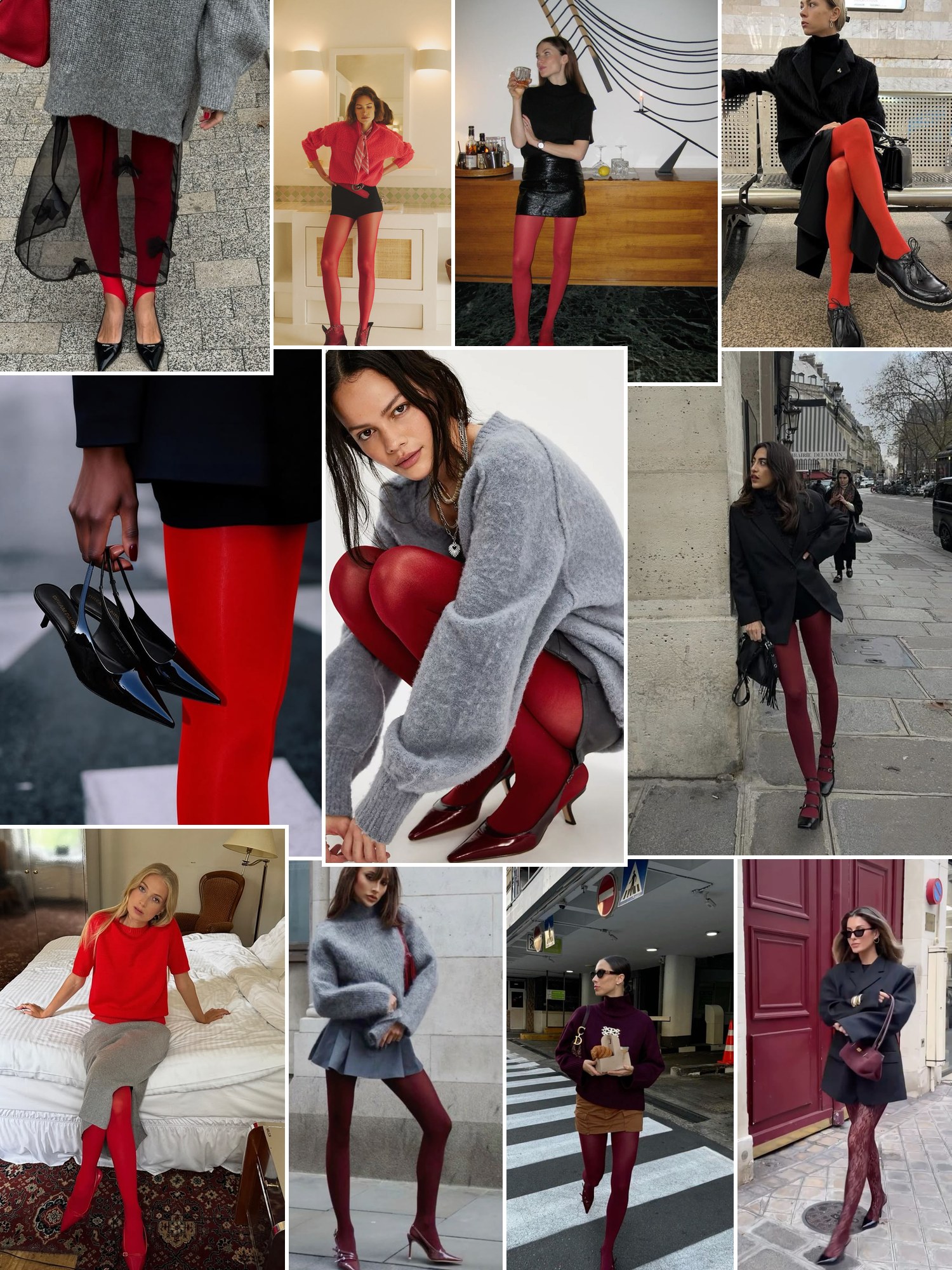 Collage of everyday outfits built around colored tights