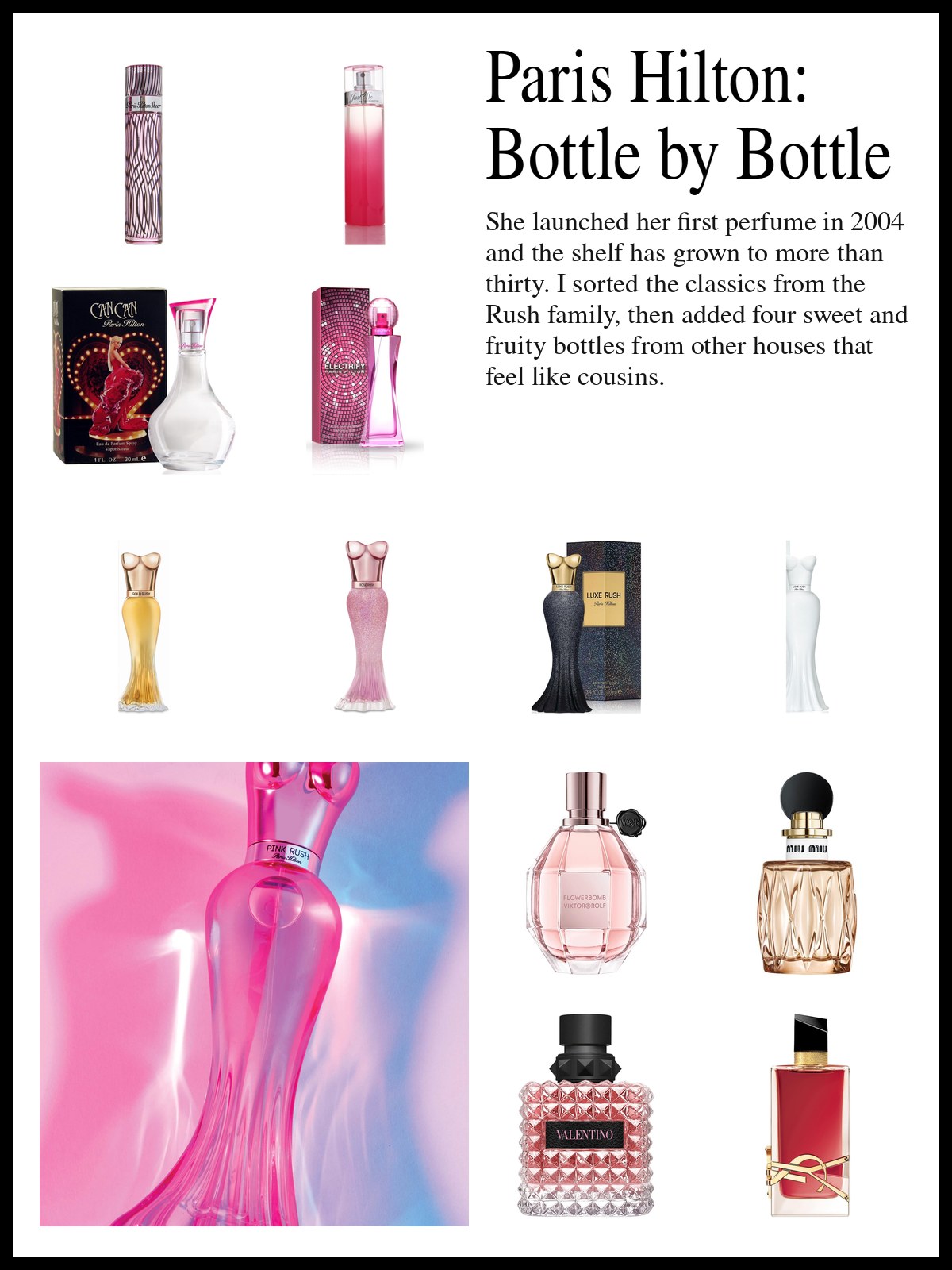 Collage of Paris Hilton eau de parfum bottles from the classics and the Rush family with sweet, fruity perfumes from other brands, and a mood photo of a pink Paris Hilton bottle in soft light.