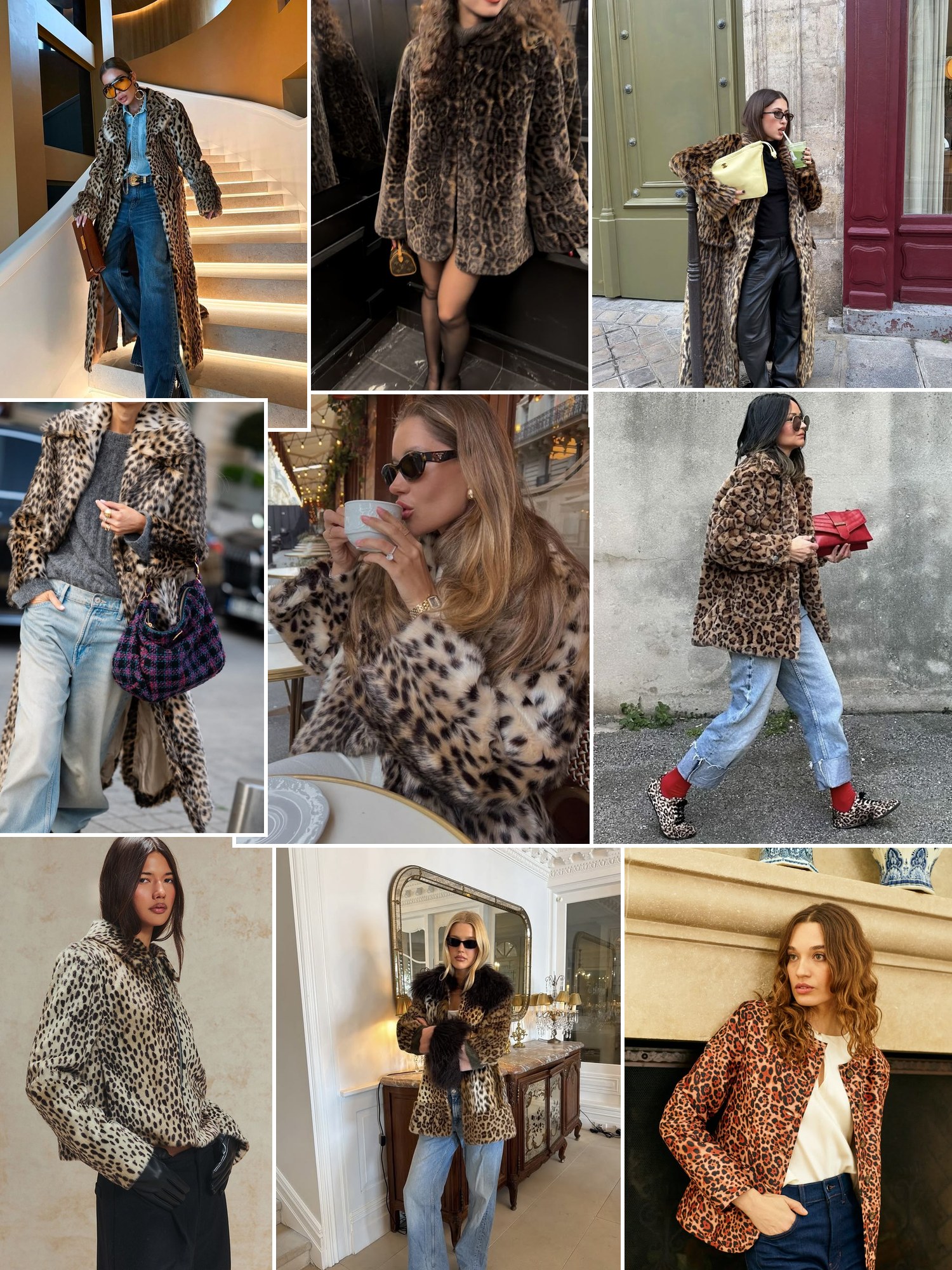 Collage of everyday outfits built around Leopard coat