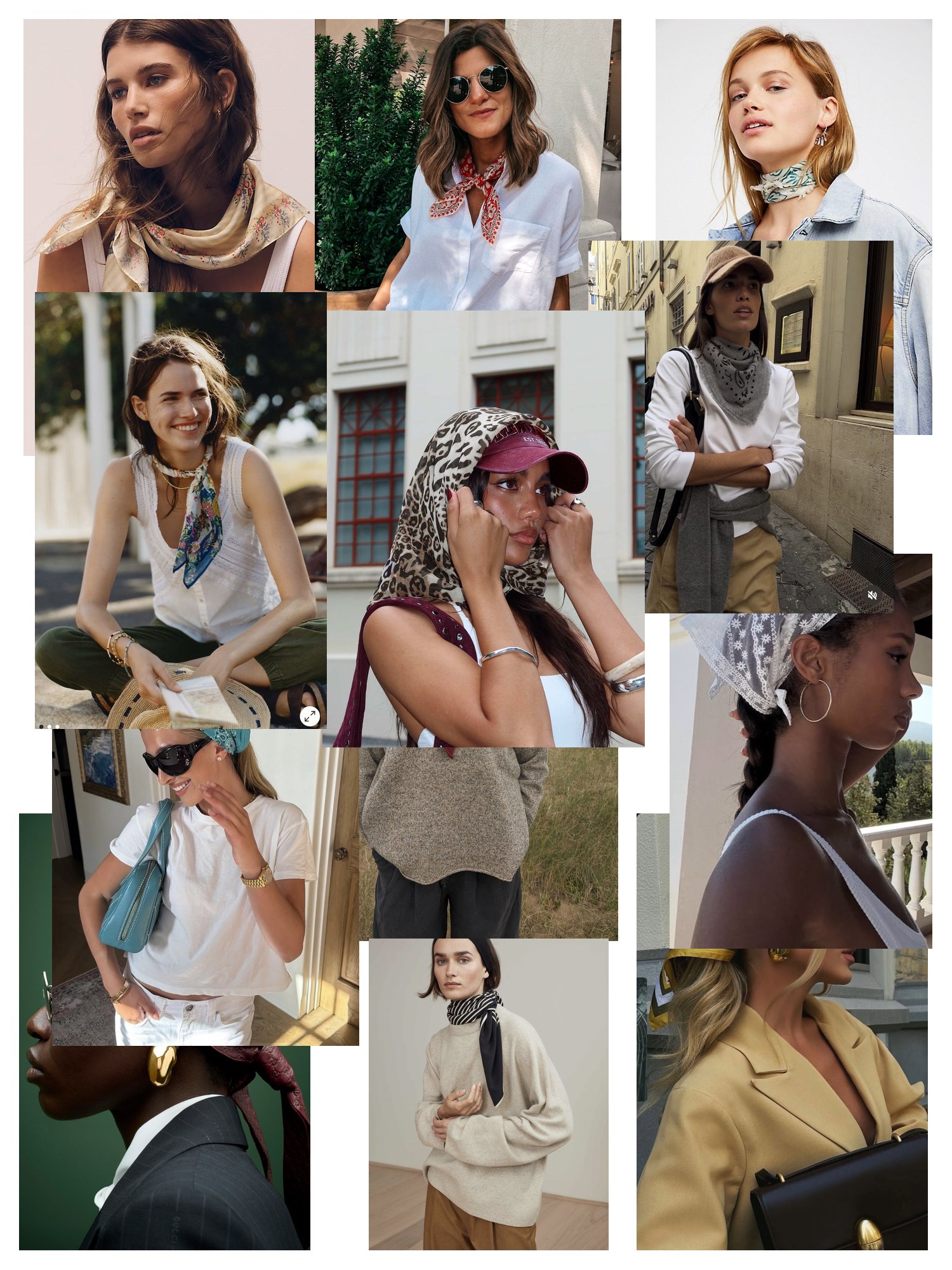 Collage of twelve street-style and editorial photos featuring Bandana Scarf, scattered and overlapping