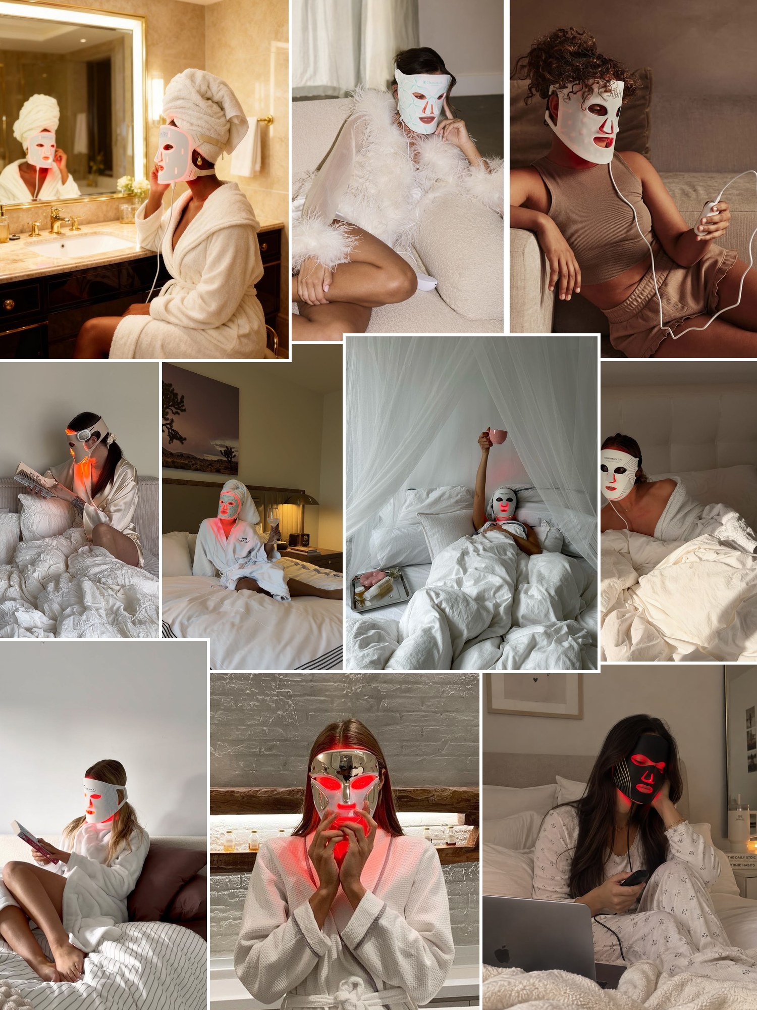 Street style collage of women wearing CurrentBody LED mask