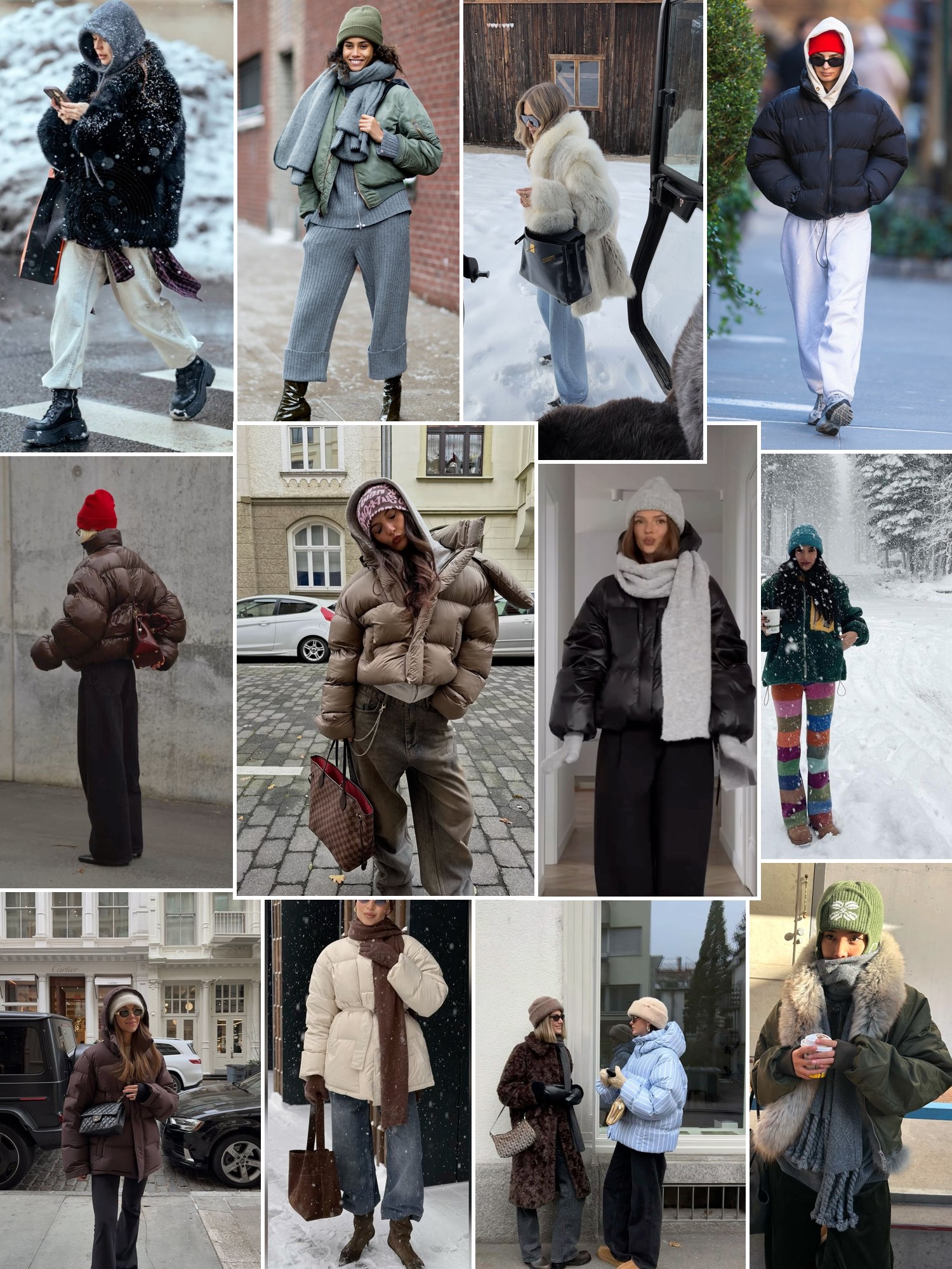 Street-style collage of 12 below-freezing outfits with puffer jackets, knit beanies, long scarves and snow boots