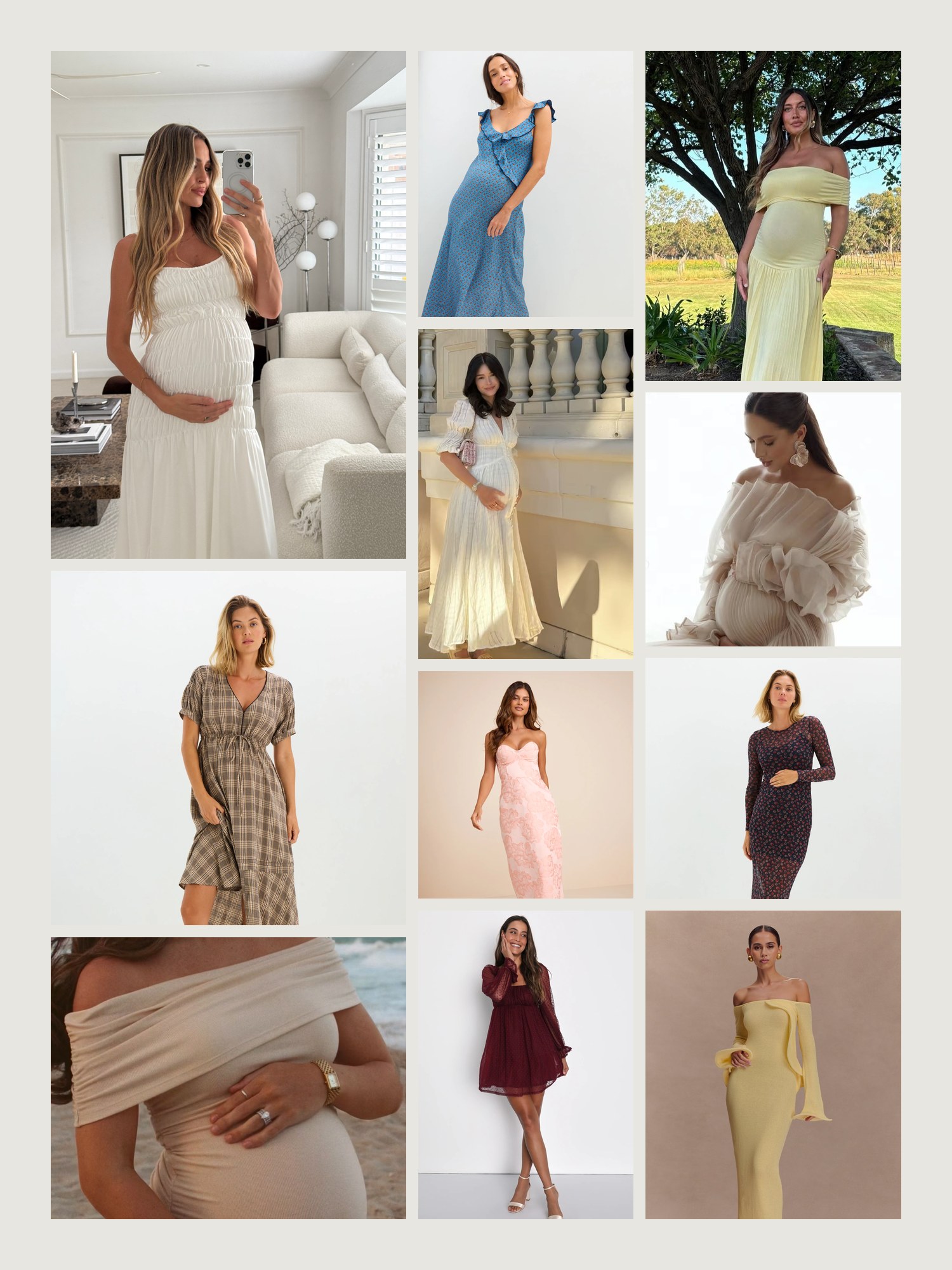 Mood board for Baby Shower Dress: street-style photos, close-up details and product shots from this edit