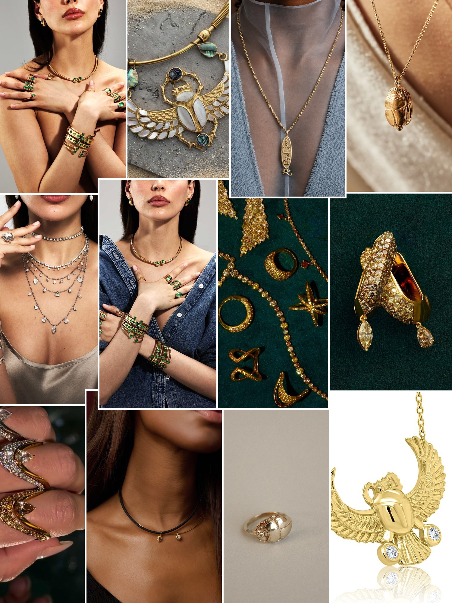 Collage of rings, earrings and layered necklaces worn up close, in the spirit of KHEPRI