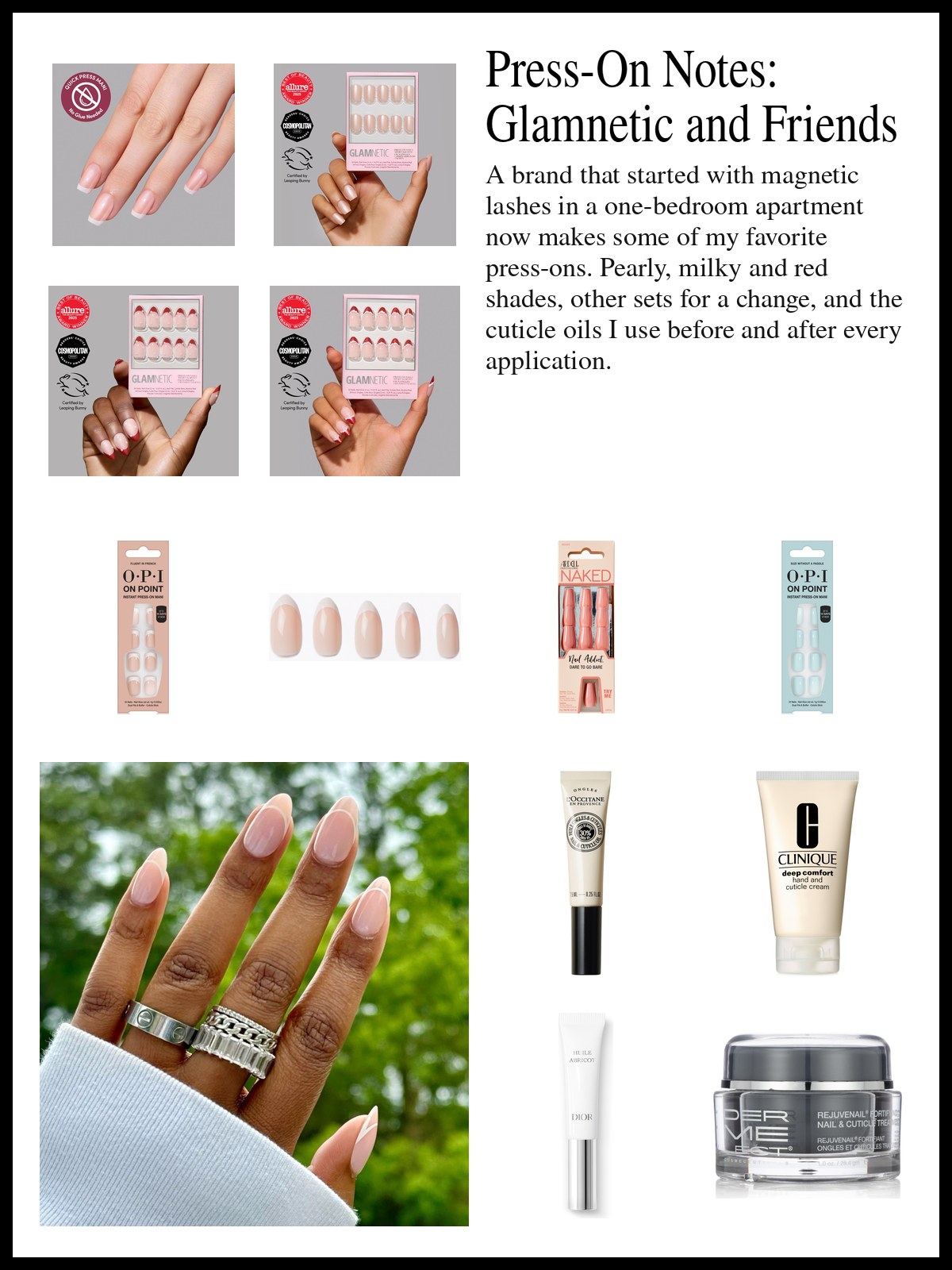 Collage of press-on nails and cuticle oils beside a magazine-style photo of hands with short red nails on a white tray filled with nail polish, clippers, scissors and colorful rings.