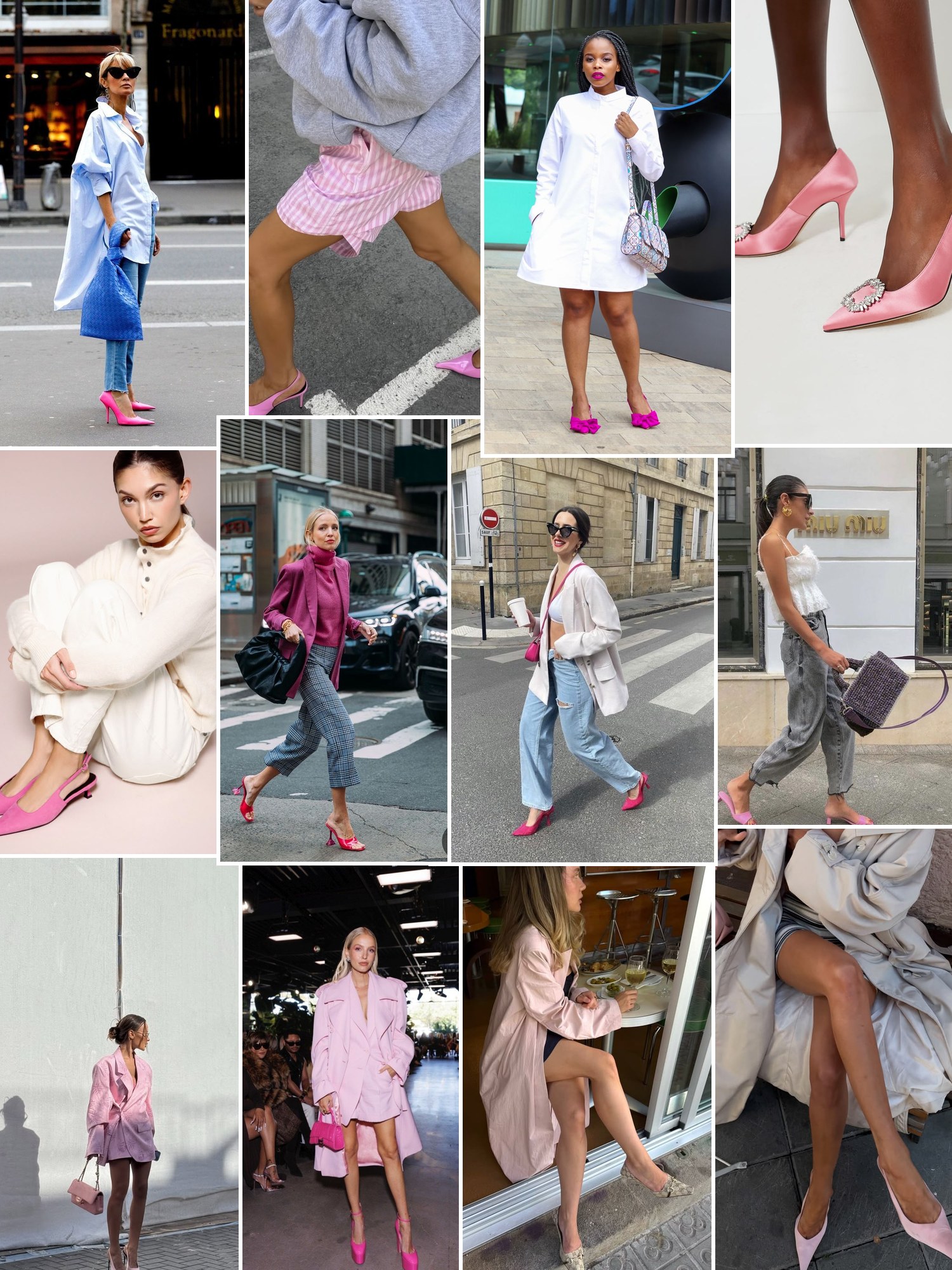 Collage of everyday looks built around pink pumps, slingbacks and stilettos