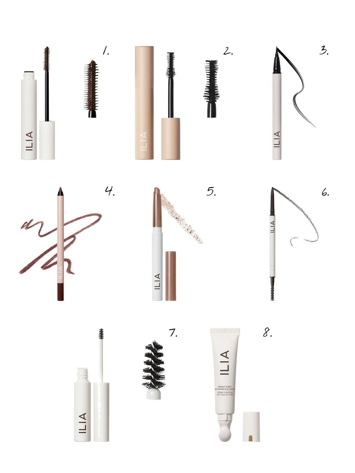 Numbered collage: 1. ILIA Limitless Lash Mascara - Clean Lengthening Mascara; 2. ILIA Fullest Volumizing Mascara; 3. ILIA Clean Line Liquid Eyeliner; 4. ILIA Thru Line Waterproof Eyeliner with Up to 24-Hour Wear; 5. ILIA Eye Stylus Shadow Stick - Long-Lasting Cream Eyeshadow; 6. ILIA In Full Micro-Tip Eyebrow Pencil; 7. ILIA In Frame Clear Eyebrow Gel; 8. ILIA Bright Start Retinol Alternative Brightening Eye Cream