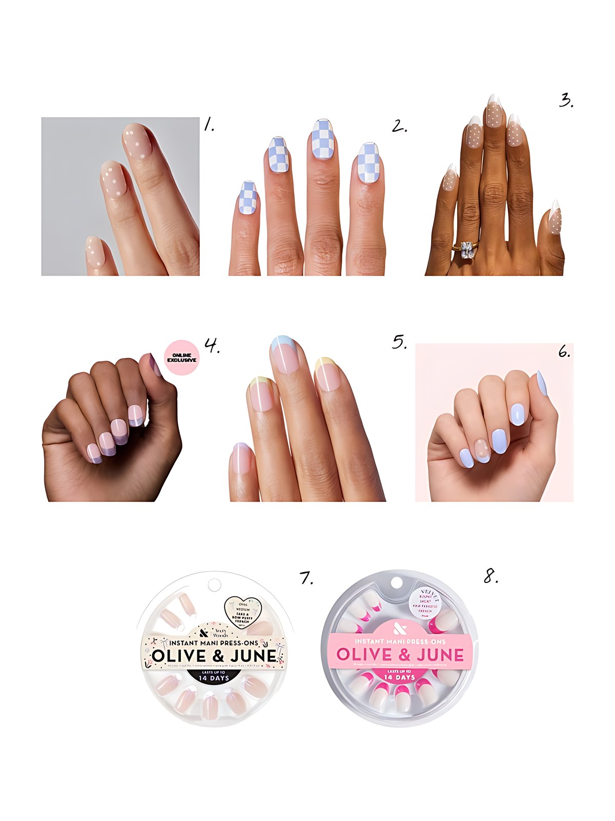 Numbered collage: 1. ohora N Polka Blanc; 2. Chillhouse Checked Out; 3. Chillhouse Til Dot Do Us Part; 4. Dashing Diva Checked Out; 5. Dashing Diva Pastel Baby; 6. Dashing Diva Pish Posh; 7. Olive & June Take A Bow Puffy French - Press On | Medium | Oval; 8. Olive & June Pink Paradise French - Press On | Short | Round