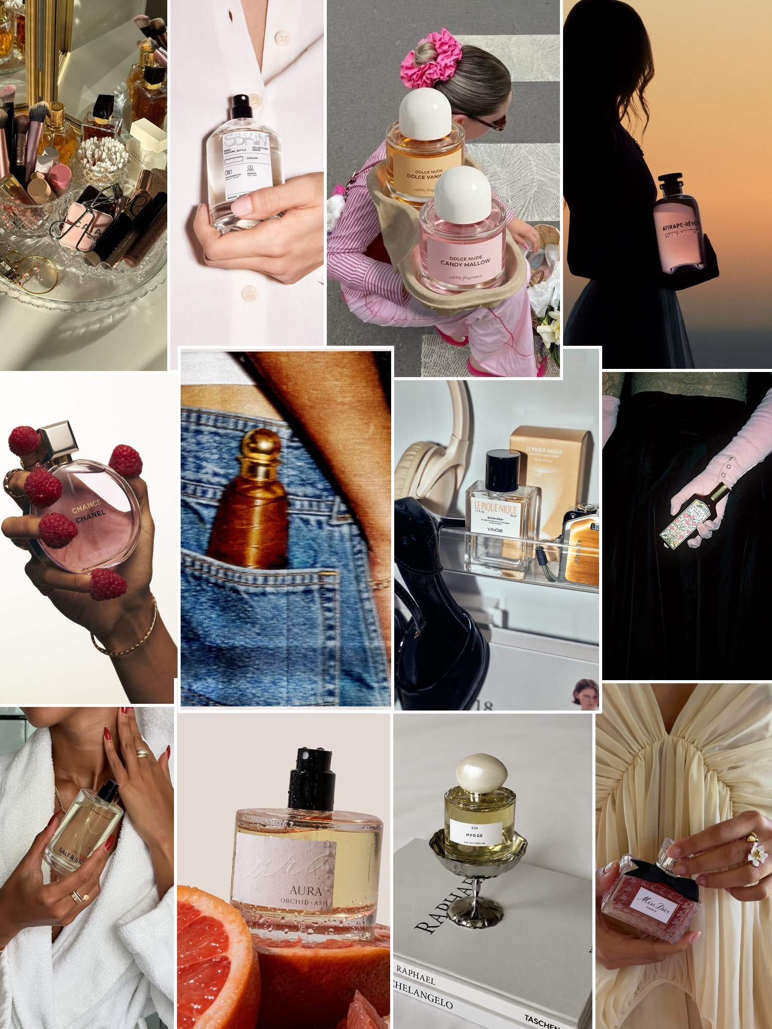 A mood board of hands holding perfume bottles: a white silk shirt, a denim pocket, a bathrobe and a vanity tray.