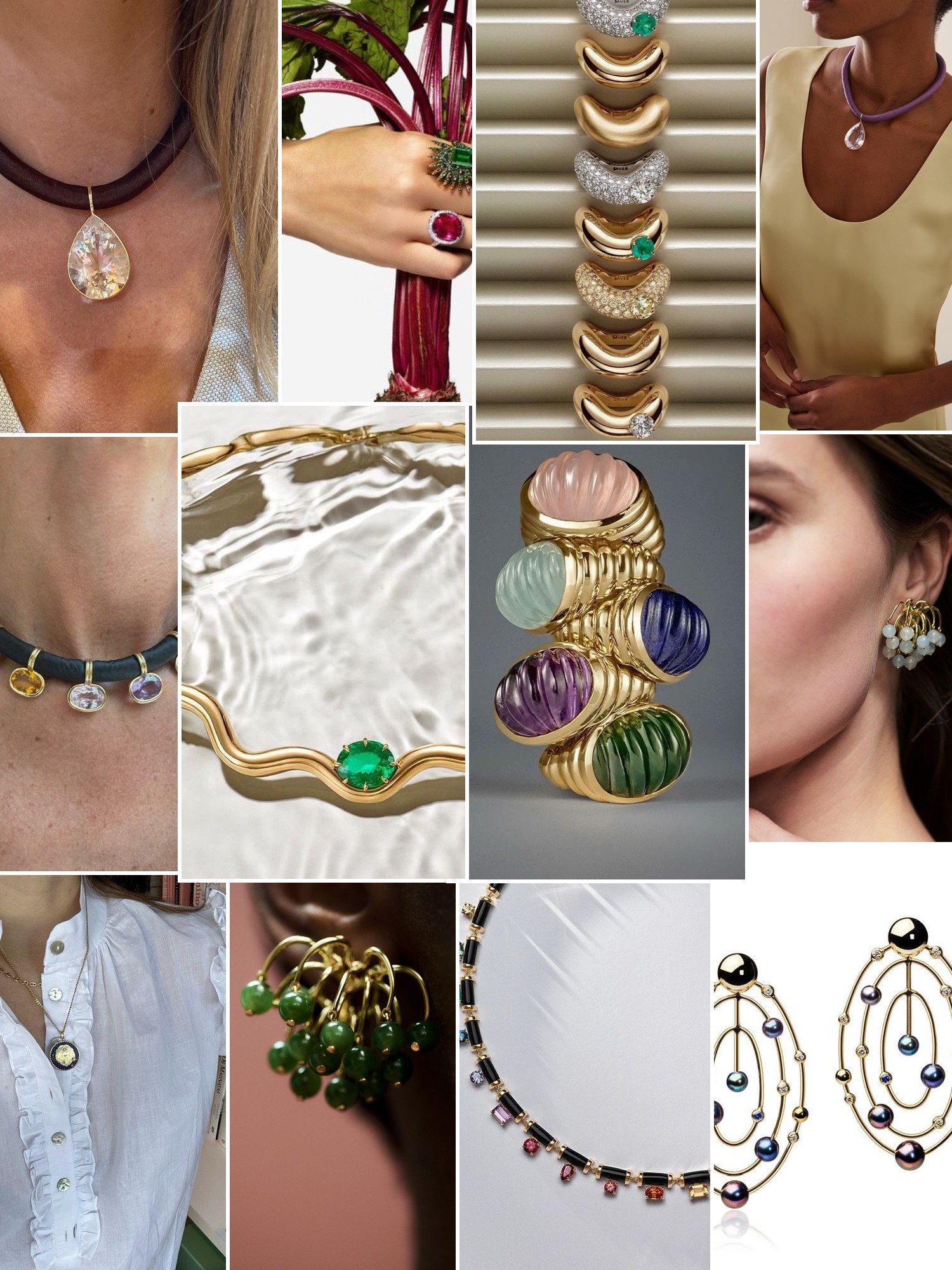 Collage of rings, earrings and layered necklaces worn up close, in the spirit of Sauer