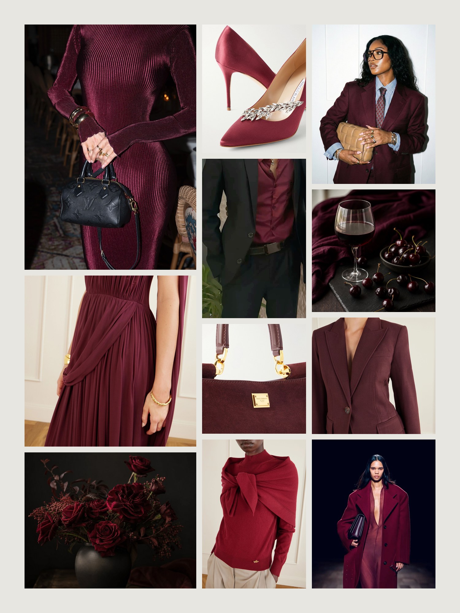 Mood board for burgundy and black outfits: four street-style photos of women wearing burgundy and black, close-ups of the Dolce&Gabbana tote, the Manolo Blahnik pumps, the Oscar de la Renta sweater, the Fforme maxi dress and the Veronica Beard blazer from this edit, and two still lifes in both colors