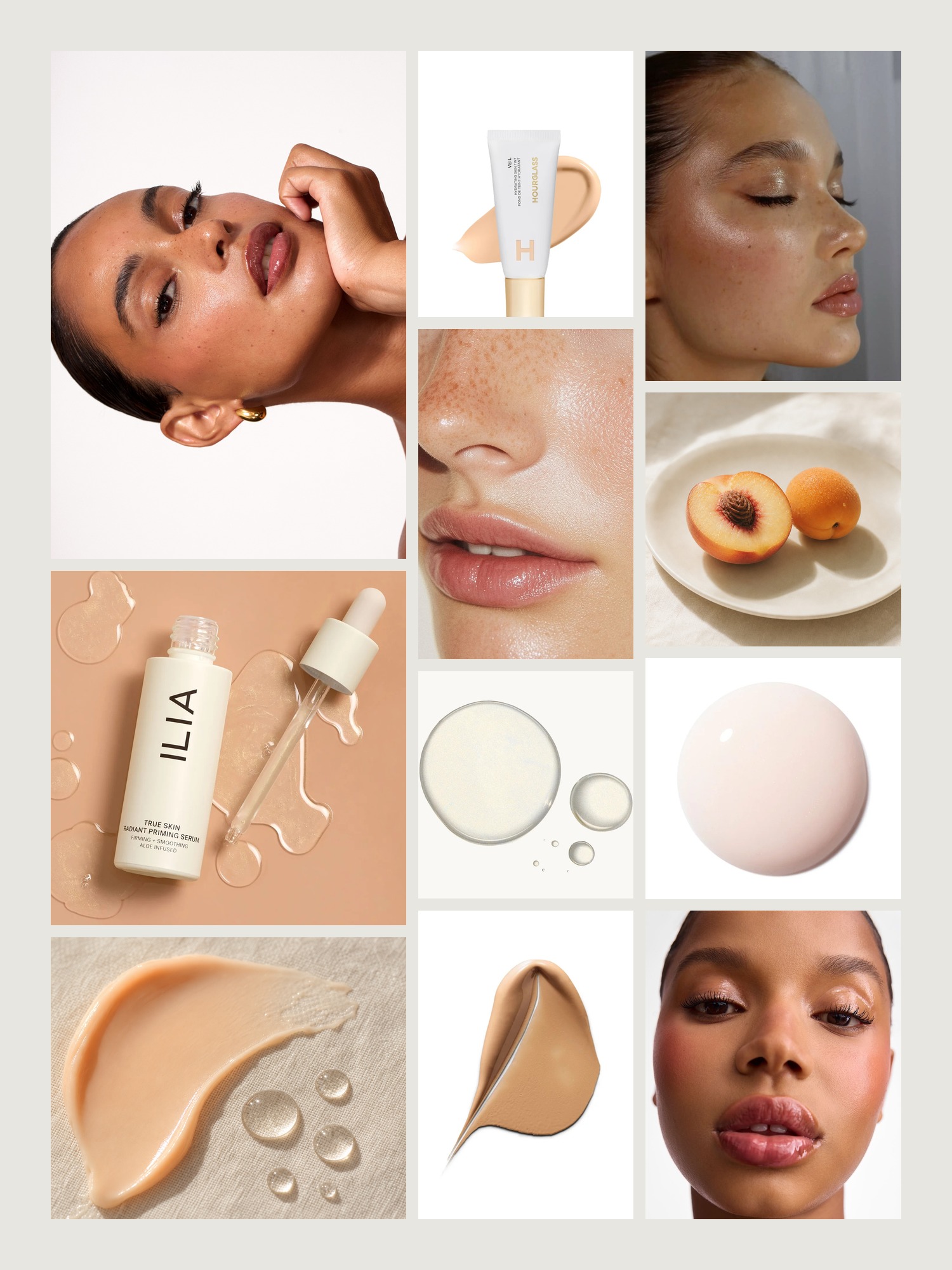 Mood board of fresh-faced skin, sheer tints and soft cream textures