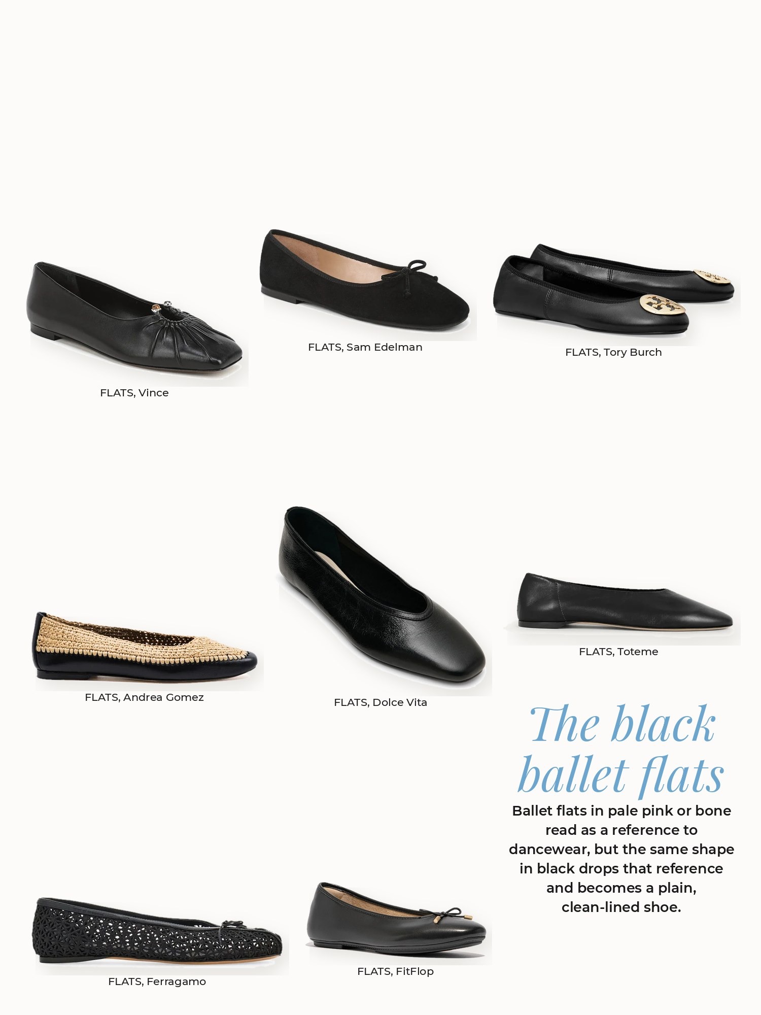 Black ballet flats collage: Andrea Gomez, Dolce Vita, Ferragamo, FitFlop, Sam Edelman, Tory Burch, Toteme, Vince