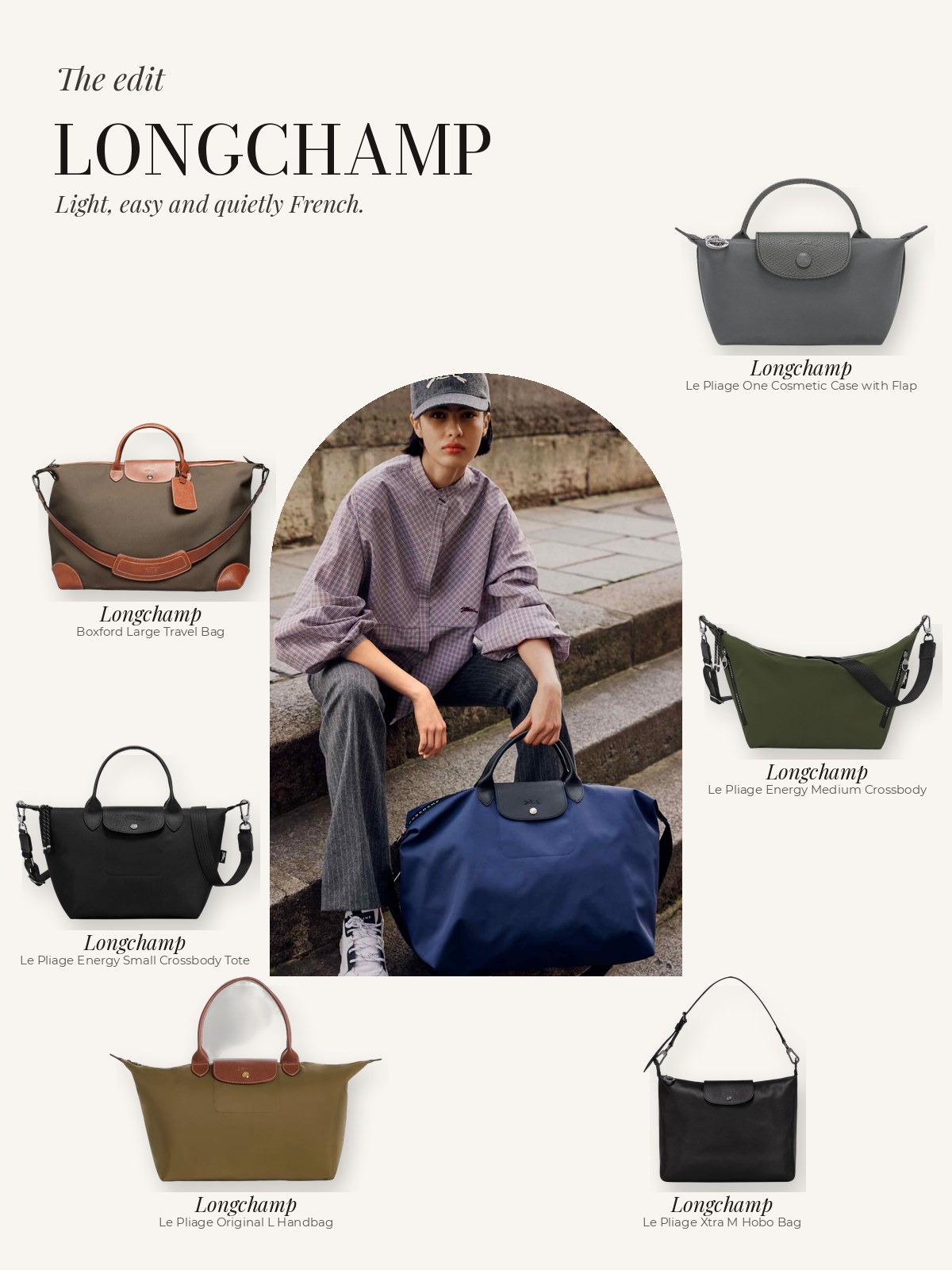 Longchamp Le Pliage and leather bags around an editorial photo