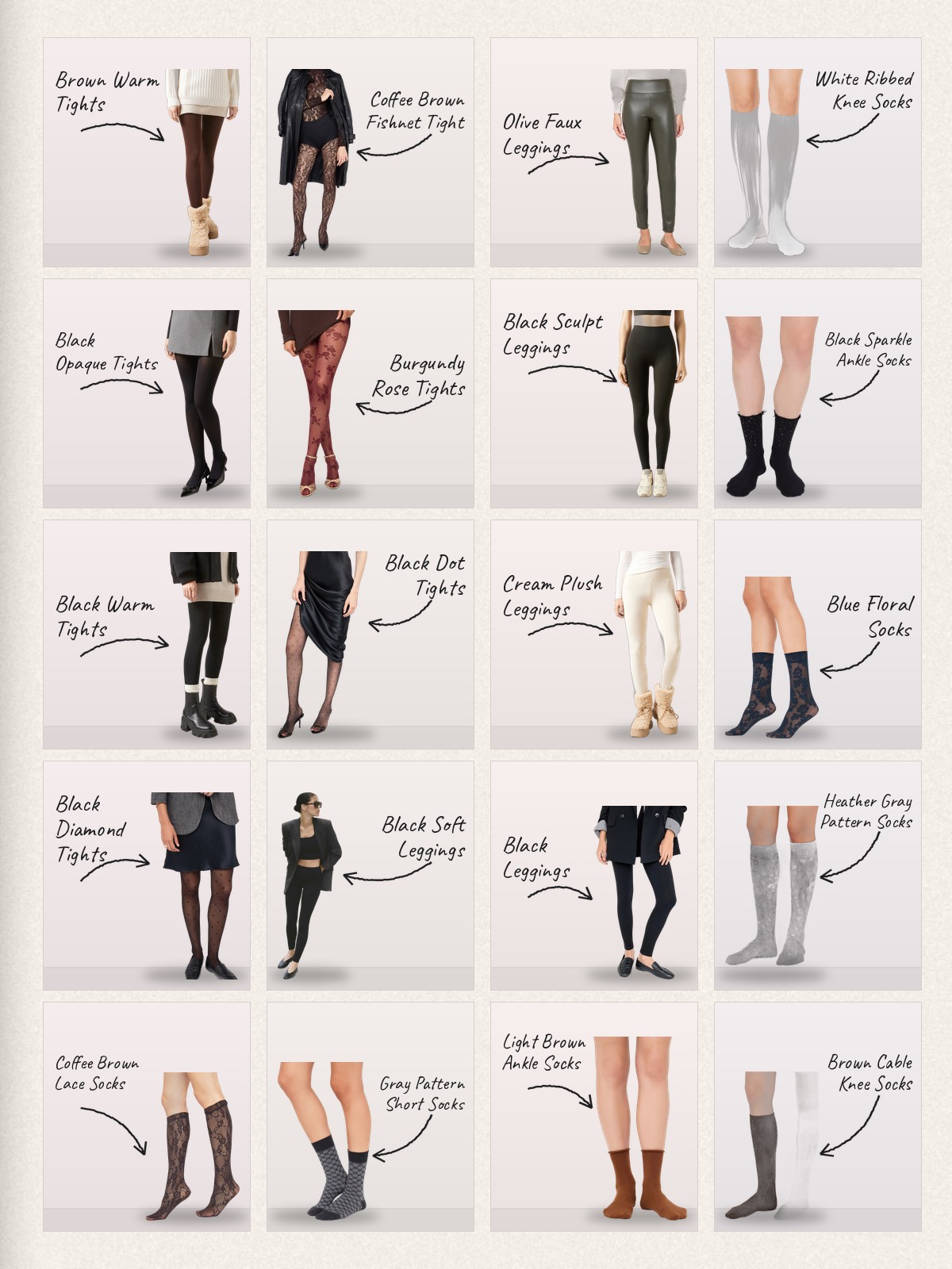 Collage: twenty Calzedonia products with handwritten labels