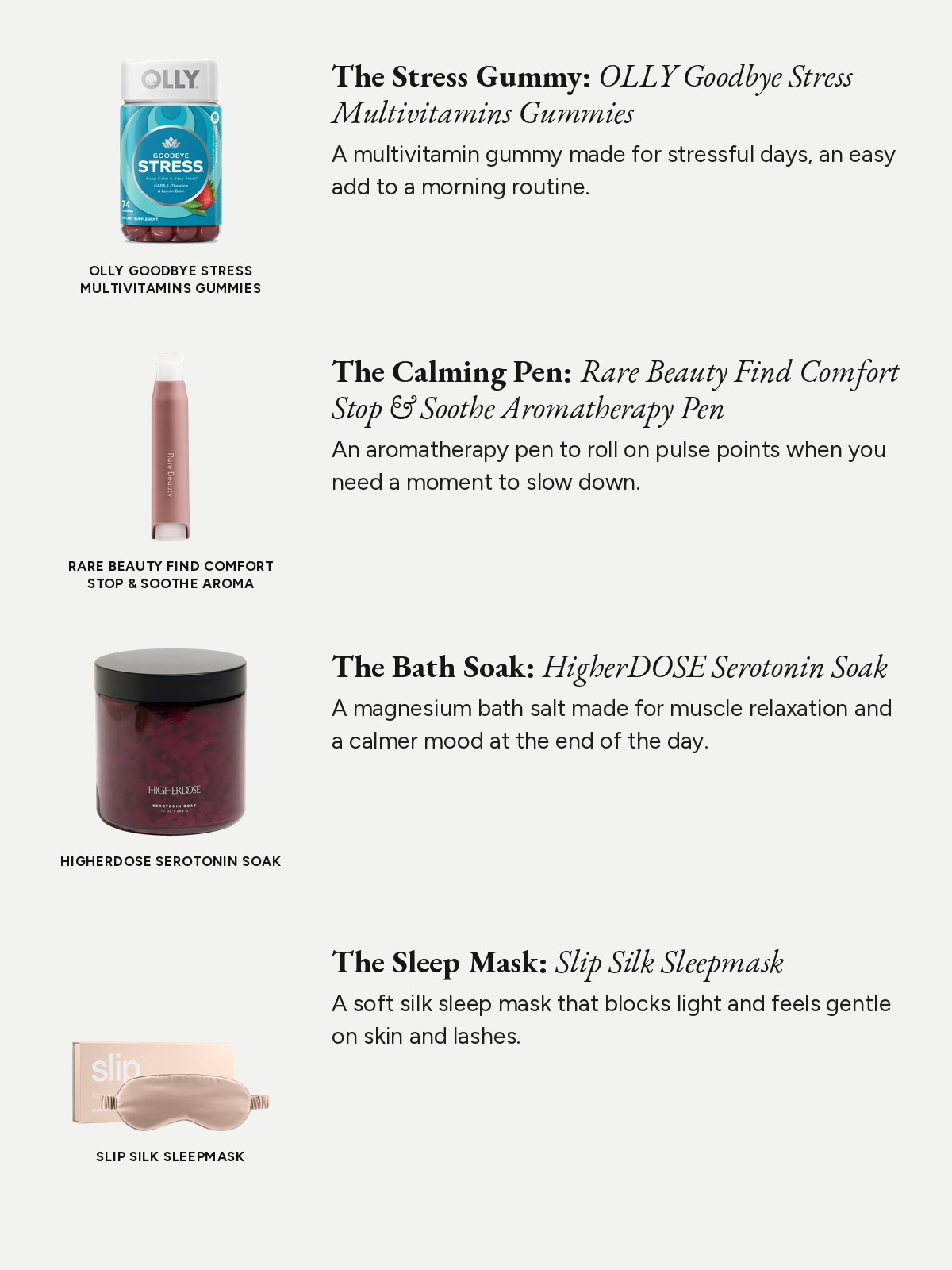 A spec-list collage featuring OLLY gummies, a Rare Beauty aromatherapy pen, HigherDOSE bath salts, and a Slip silk sleep mask.