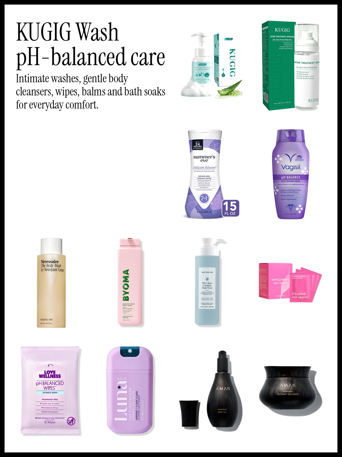 Collage of KUGIG Wash pH Balanced Intimate Cleanser, Nécessaire The Body Wash Fragrance-Free and Smile Makers Silky Swipes intimate wipes