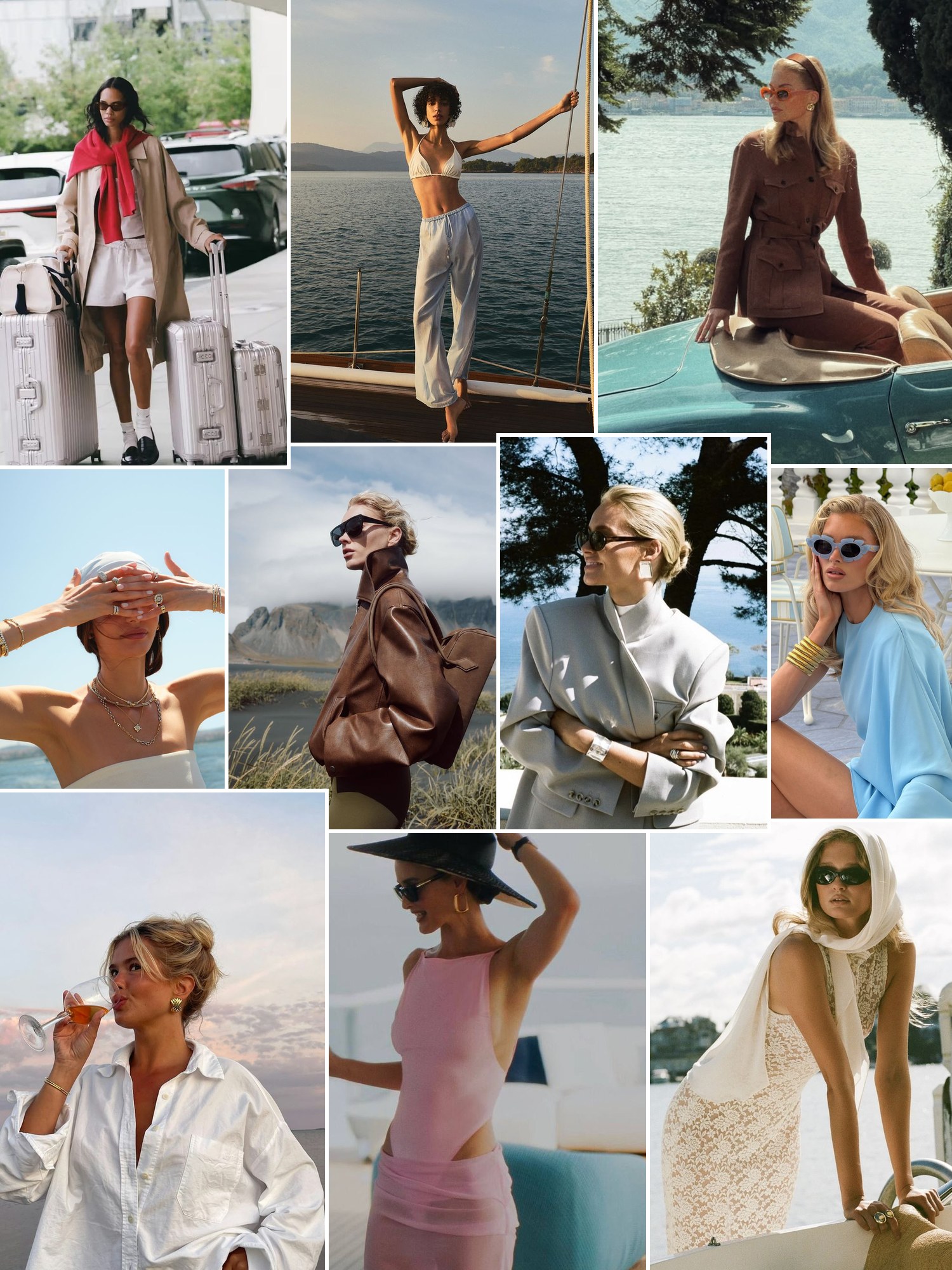 Street style collage of women wearing luxury travel gifts for her