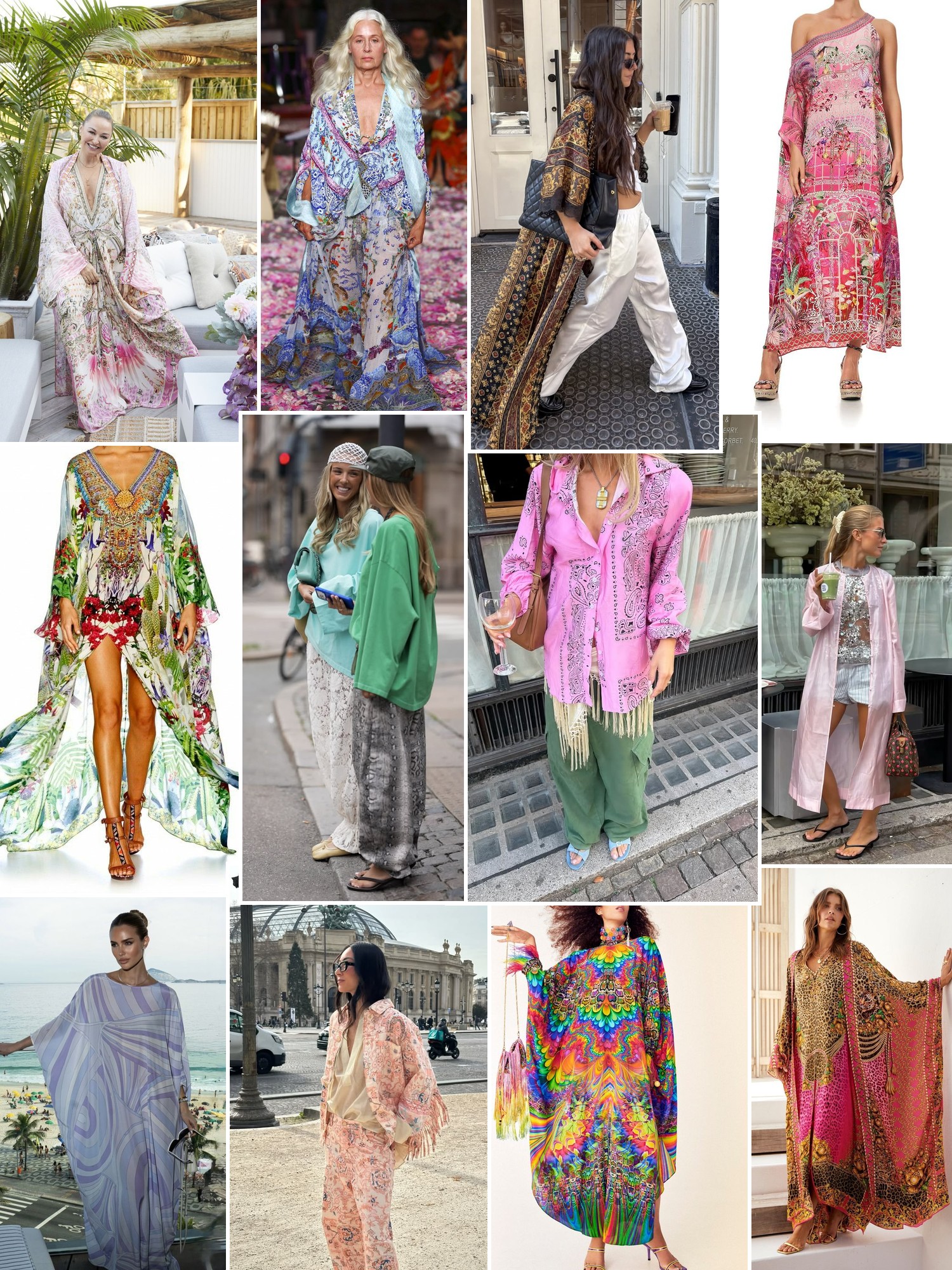 A collage of vivid printed kaftans, silk dresses, resort styling, and colorful street looks.