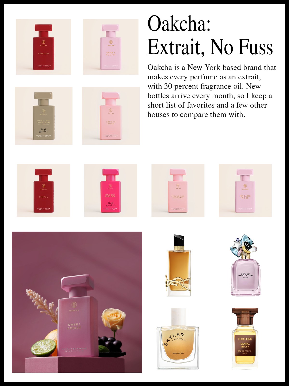 Collage of Oakcha perfume bottles and similar scents from other houses beside a bright flat-lay of gray folders, a stapler, a ruler and pink sticky tabs with a blush tint, a foundation tube and a lip balm.