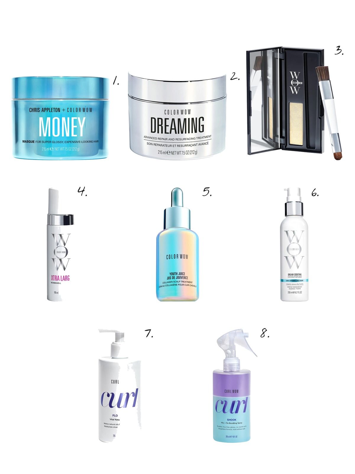 Numbered collage: 1. COLOR WOW Money Masque Deep Conditioning & Strengthening Hair Treatment; 2. COLOR WOW Dreaming Advanced Repair & Resurfacing Treatment Mask for Damaged, Frizzy Hair; 3. COLOR WOW Root Coverup Powder; 4. COLOR WOW Xtra Large Bombshell Volumizer; 5. COLOR WOW Youth Juice Collagen Scalp Serum for Thinning Hair; 6. COLOR WOW Dream Cocktail Coconut-Infused Hydrating Leave In Treatment; 7. COLOR WOW Curl Wow FLO-ETRY Vital Natural Serum; 8. COLOR WOW Curl Wow SHOOK Mix & Fix Bundling Spray