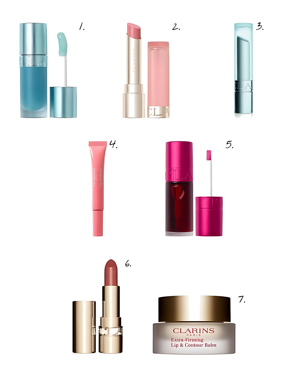 Numbered collage: 1. Clarins Cryo-Plumping Lip Oil; 2. Clarins Hydrating Peptide & Plumping Lip Oil Balm in 01 Pale Pink; 3. Clarins Cryo Plumping Lip Oil Balm - 00 Cryo Mint; 4. Clarins Lip Perfector Peptide-Plumping & Hydrating Lip Gloss in 01 Rose Shimmer; 5. Clarins Hydrating Water Lip Stain Kiss-Proof & Matte Finish in 04 Violet Water; 6. Clarins Joli Rouge Satin Lipstick; 7. Clarins Extra-Firming & Hydrating Lip and Contour Balm