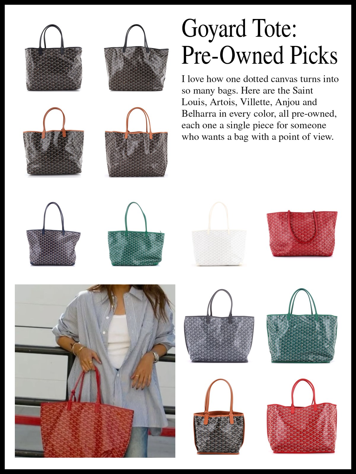 A collage of pre-owned Goyard coated canvas totes including Saint Louis, Artois, Villette, Anjou and Belharra bags in several colors, and a mood photo of a woman in a striped shirt and jeans carrying a red Goyardine tote.