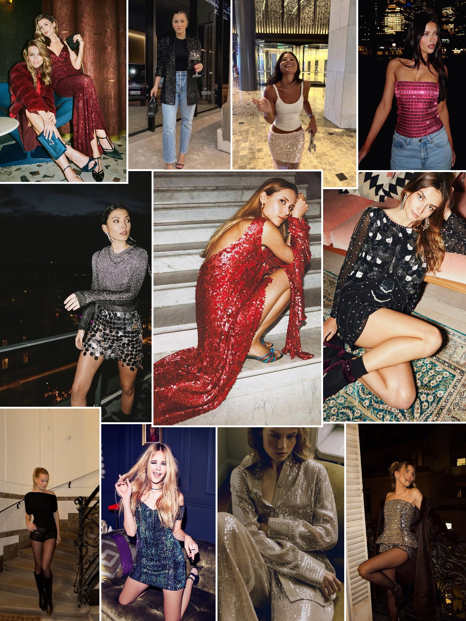Collage of sequin and metallic holiday party looks