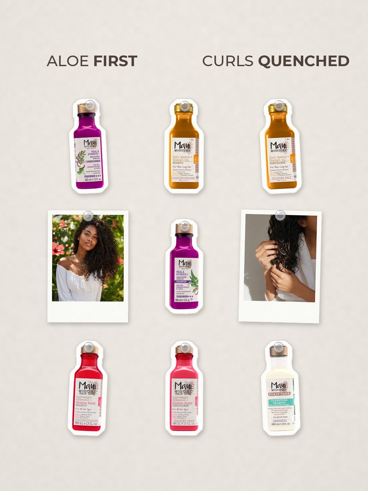 Cut-out product collage with two campaign-style photos: Maui Moisture Heal & Hydrate + Shea Butter Shampoo for Tight Curly Hair; Maui Moisture Heal & Hydrate + Shea Butter Conditioner; Maui Moisture Curl Quench + Coconut Oil Shampoo for Tight Curly Hair; Maui Moisture Curl Quench + Coconut Oil Conditioner; Maui Moisture Lightweight Hydration + Hibiscus Water Shampoo; Maui Moisture Lightweight Hydration + Hibiscus Water Conditioner; Maui Moisture Scalp Care Clarifying Shampoo with Apple Cider Vinegar