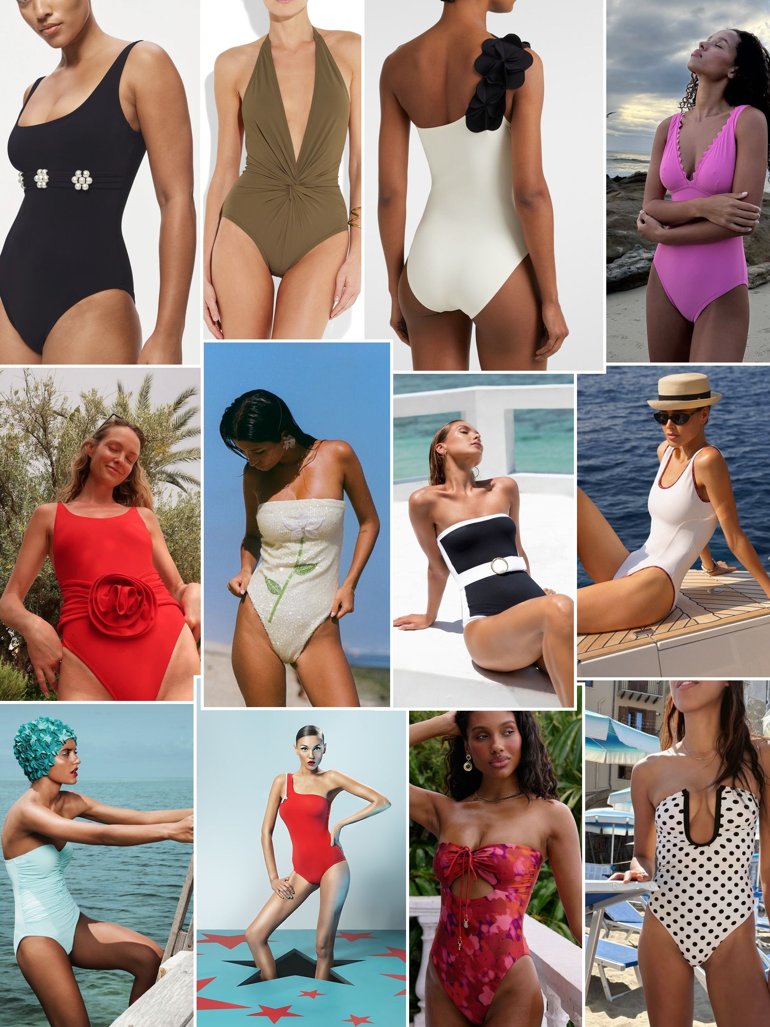 Collage of one piece swimsuits in bright colors, styled for poolside, beach and resort settings.