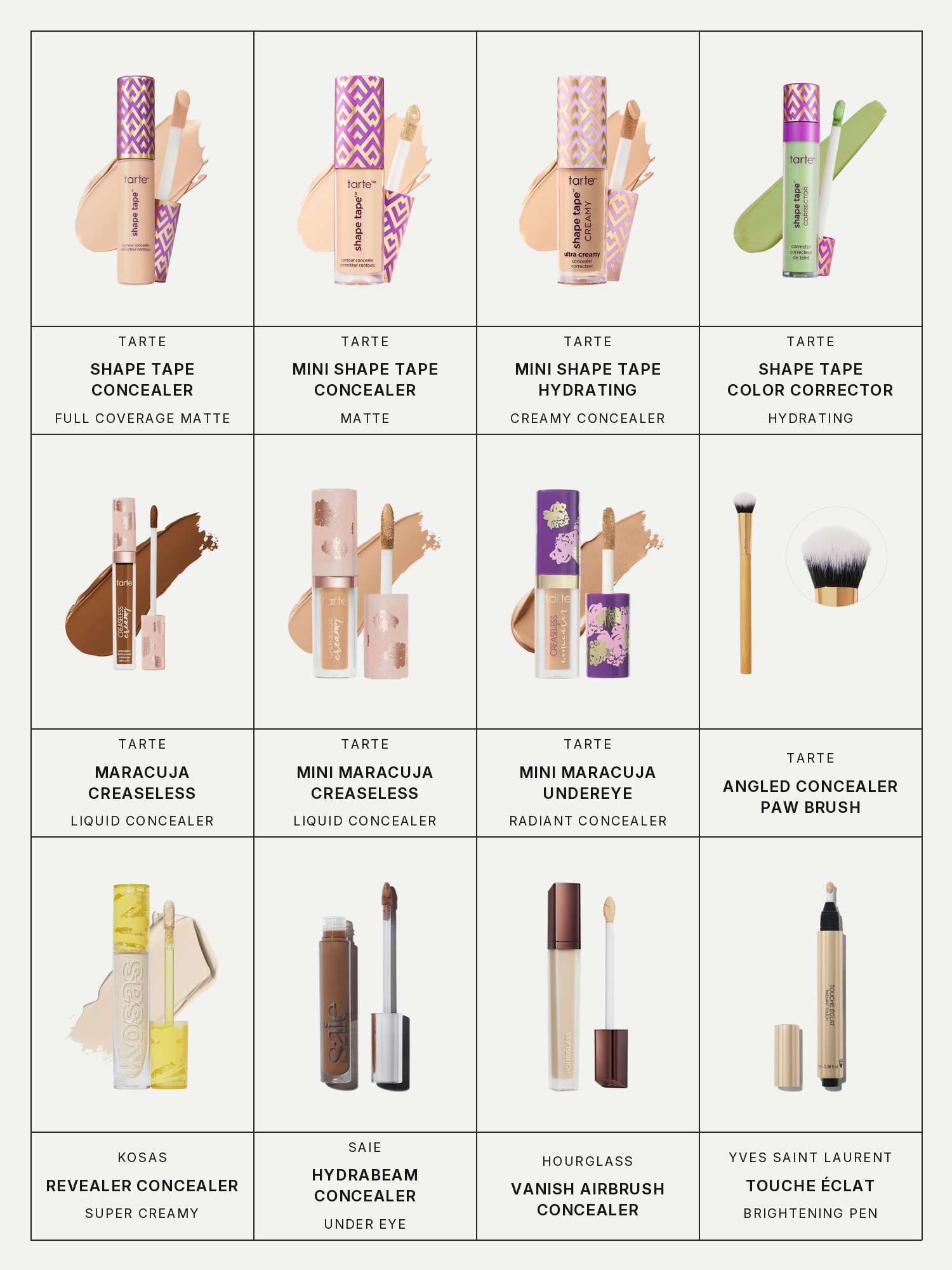 Twelve boxes on a pale grey page, one for each product in this edit, each with its brand and name printed below: Tarte Shape Tape Full Coverage Matte Concealer, Tarte Mini Shape Tape Full Coverage Matte Concealer, Tarte Mini Shape Tape Hydrating Full Coverage Creamy Concealer, Tarte Shape Tape Full Coverage Hydrating Color Corrector, Tarte Maracuja Creaseless Creamy Liquid Concealer, Tarte Mini Maracuja Creaseless Creamy Liquid Concealer, Tarte Mini Maracuja Creaseless Full Coverage Radiant Undereye Concealer, Tarte Angled Seamless Finish Concealer Paw Brush, Kosas Revealer Super Creamy + Brightening Concealer with Caffeine and Hyaluronic Acid, Saie Hydrabeam Brightening + Hydrating Under Eye Concealer, Hourglass Vanish Airbrush Concealer and Yves Saint Laurent Touche Éclat All-Over Brightening Pen Concealer.