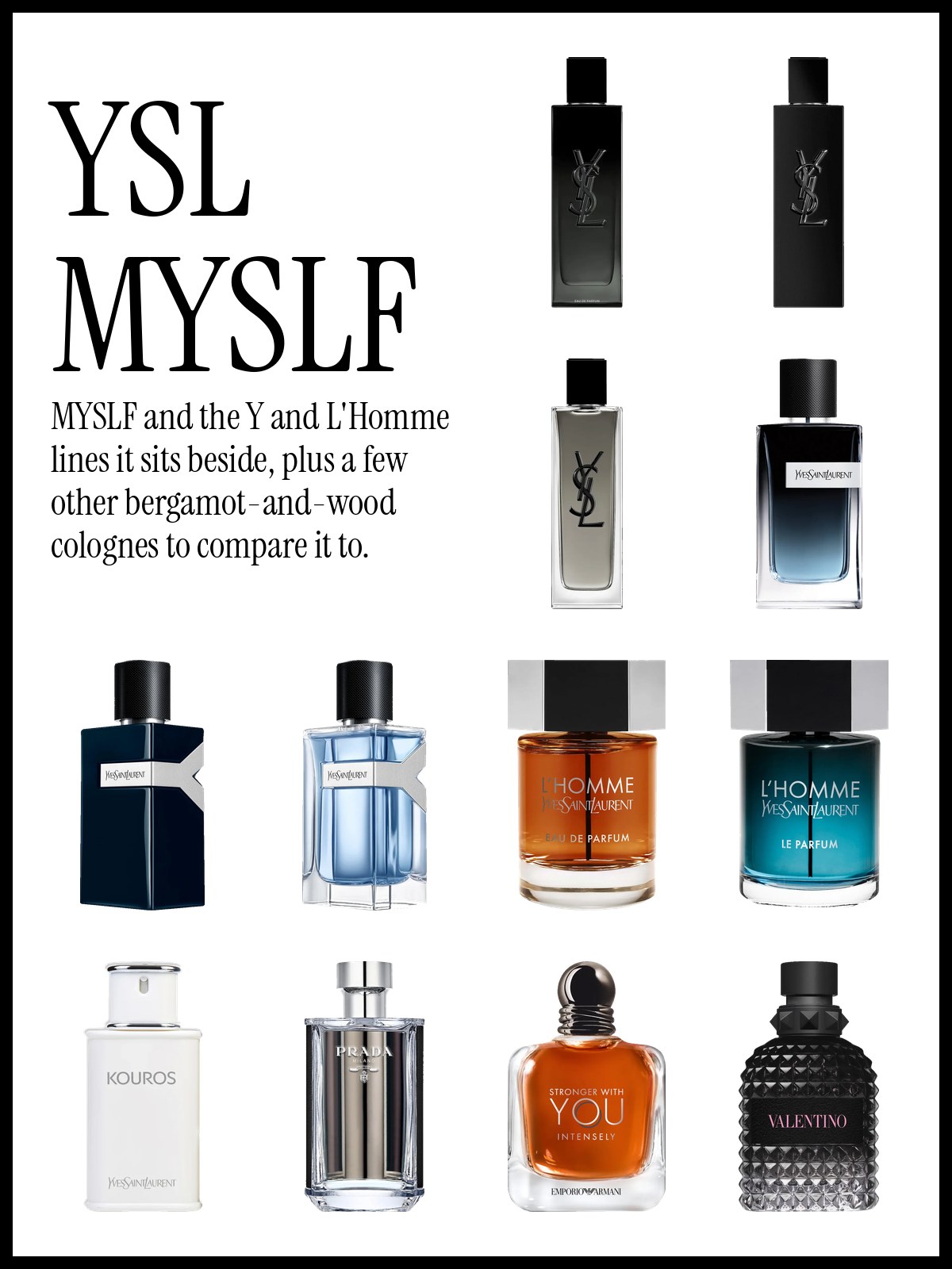Collage of YSL MYSLF, Y and L'Homme fragrances for men