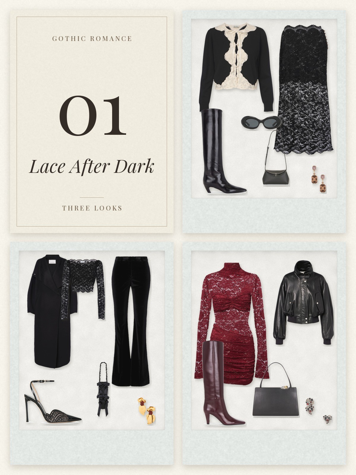 Gothic Romance trend card and three lace outfits laid flat in Polaroid frames
