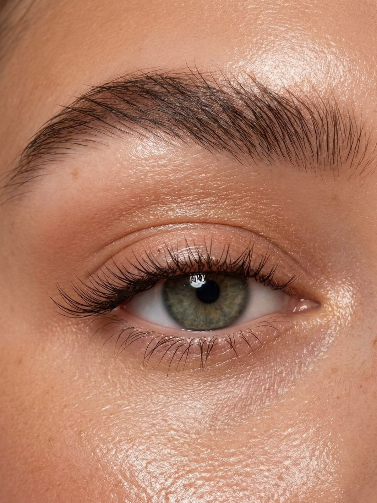 Extreme close-up of a green-grey eye with thick lashes under a brushed-up, feathery dark brow, skin lightly glossed.