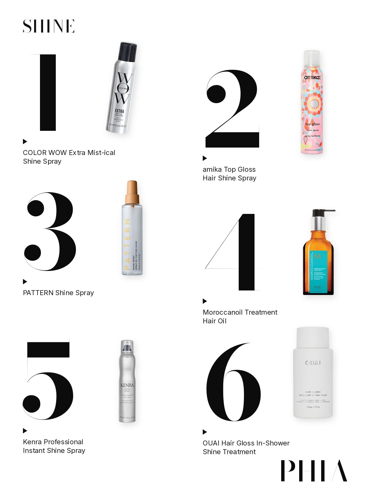 Big numbers collage for Shine Spray: six products from Color Wow, amika, Pattern, Moroccanoil, Kenra Professional and OUAI, each set beside a large numeral