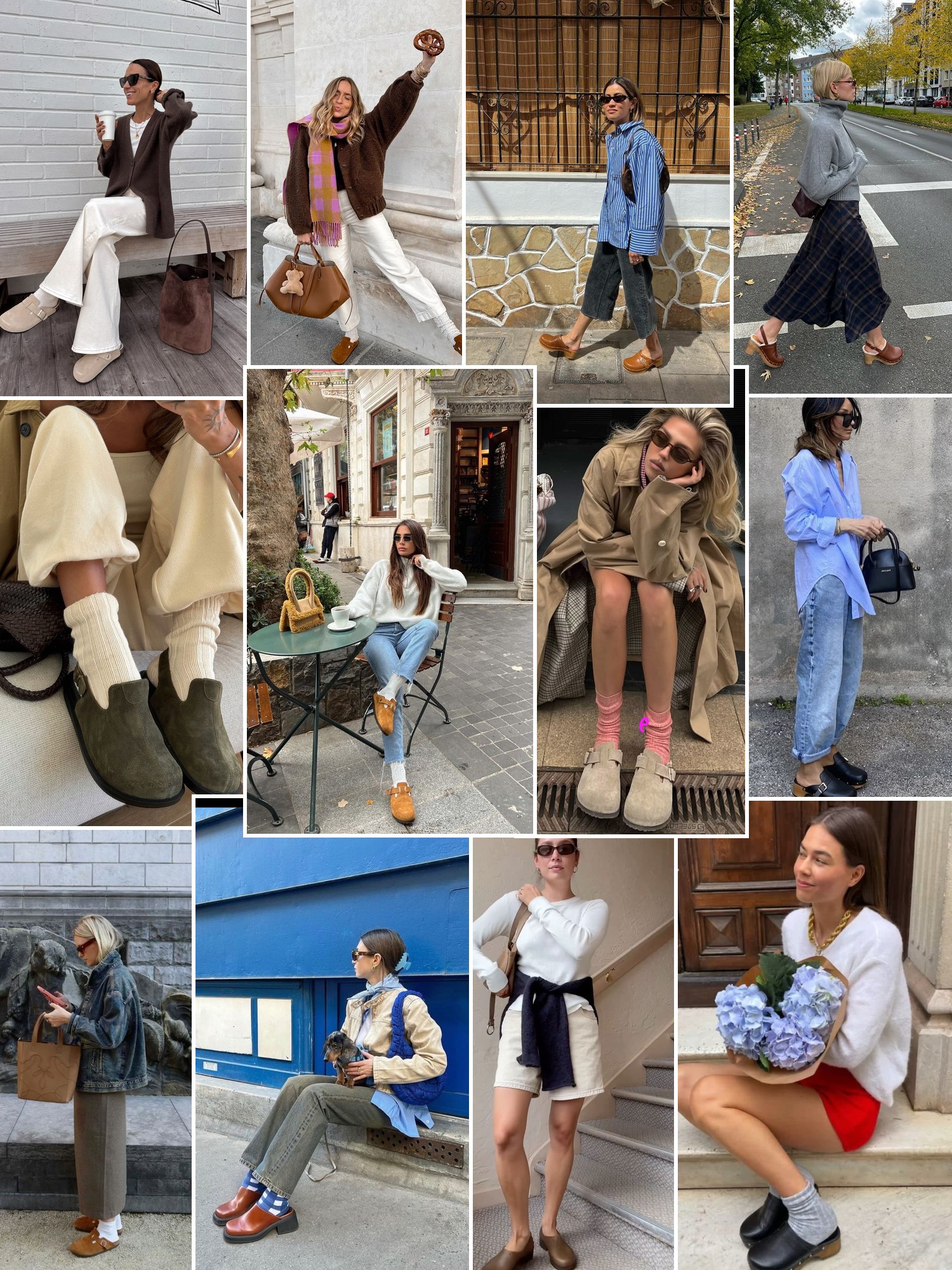 Collage of suede clogs with a buckle and similar looks