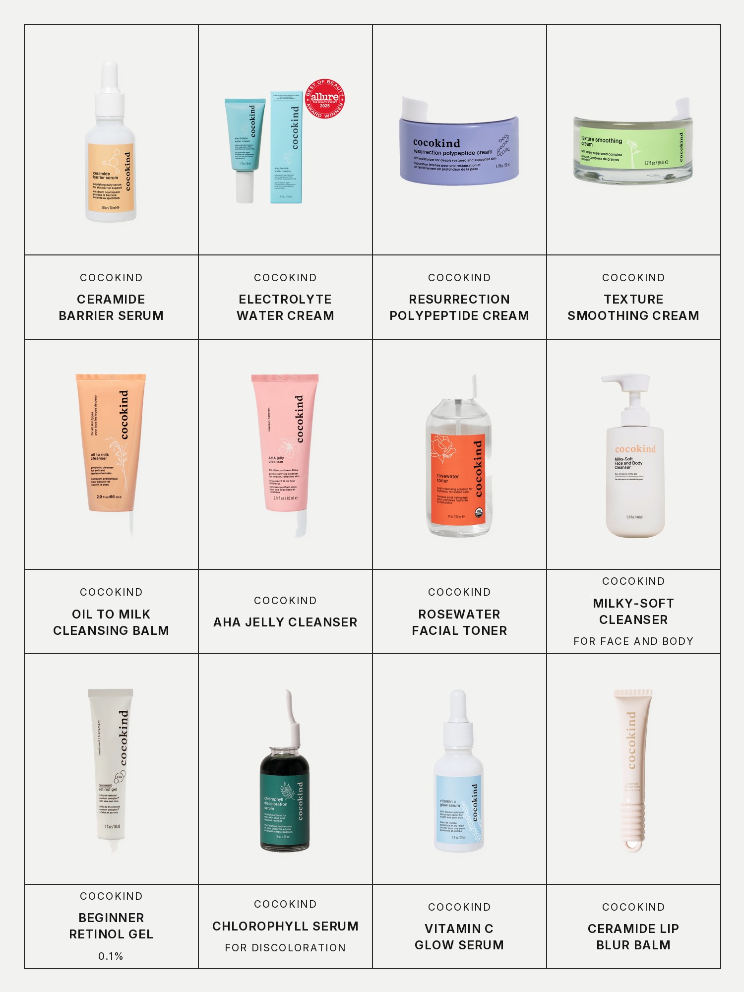 Twelve boxes on a pale grey page, one for each product in this edit, each with its brand and name printed below: cocokind Ceramide barrier serum, cocokind Electrolyte water cream, cocokind Resurrection polypeptide cream, cocokind Texture smoothing cream, cocokind Oil to milk cleansing balm, cocokind AHA jelly cleanser, cocokind Rosewater facial toner, cocokind Milky-soft face and body cleanser, cocokind Beginner retinol gel 0.1%, cocokind Chlorophyll discoloration serum, cocokind Vitamin c glow serum and cocokind Ceramide lip blur balm.