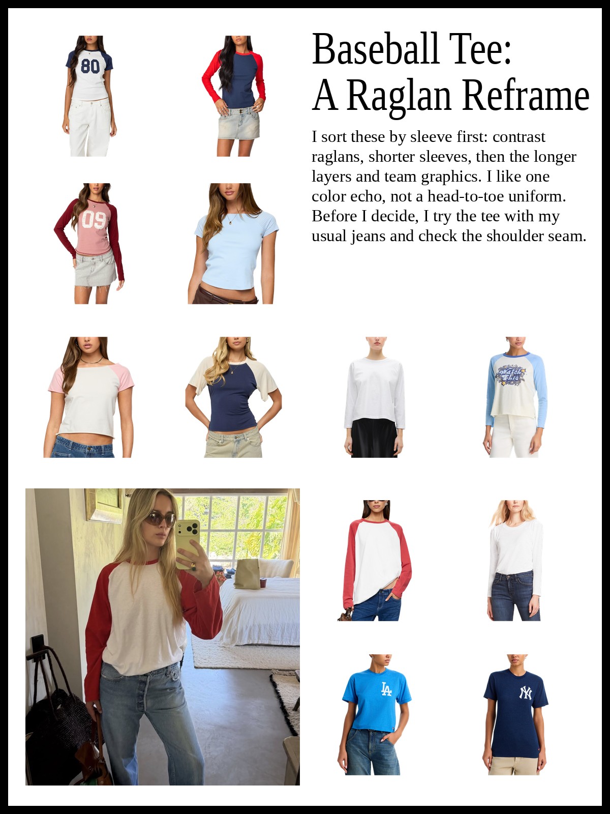 Collage of contrast-sleeve raglan tops, short-sleeve raglan tees, long and three-quarter sleeve baseball tees, and Mason and team-logo tees