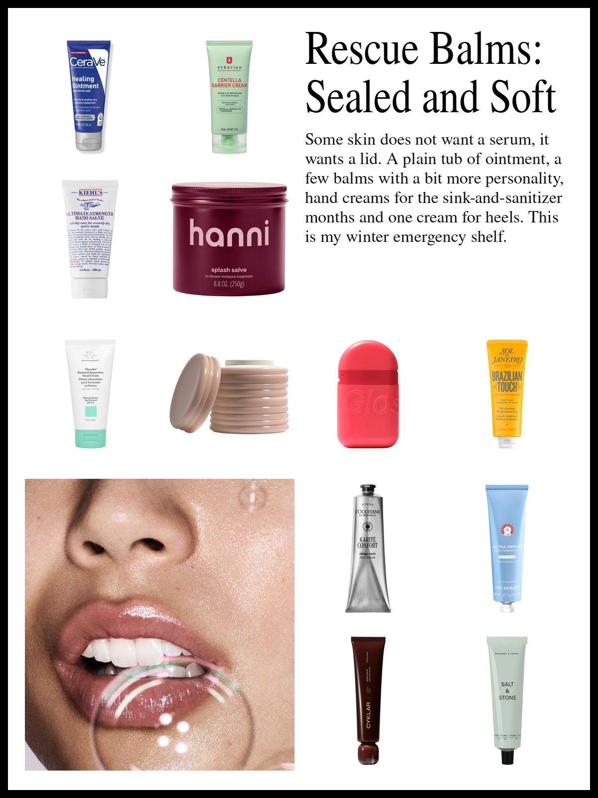 Collage of ointment, rescue balms, hand creams and a foot cream beside a close-up photo of glossy pink lips with a clear soap bubble resting against the chin.