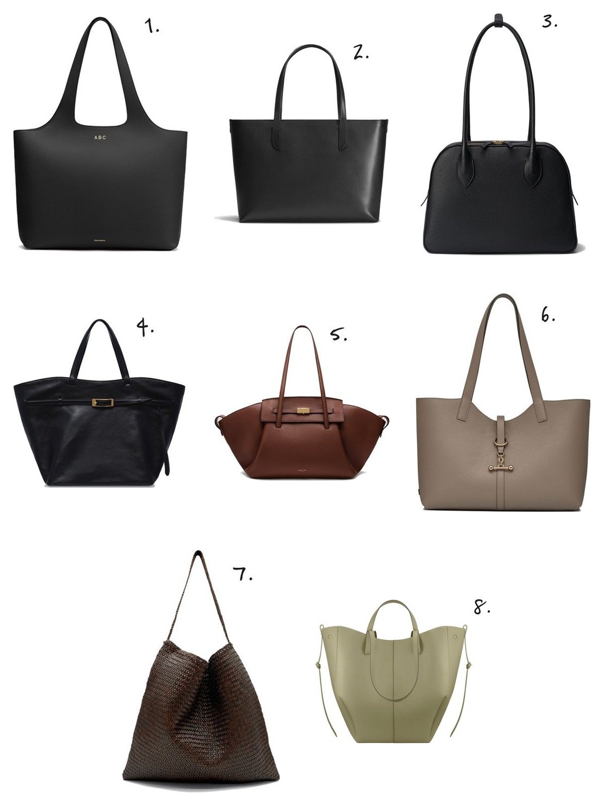 Numbered collage: 1. Cuyana System Zipper Tote 16"; 2. Carl Friedrik Ashby Tote; 3. Hyer Goods La Autostrada Tote; 4. Anine Bing Elly Tote in Black; 5. DeMellier The Brooklyn; 6. Strathberry Kite Tote in Taupe; 7. Dragon Diffusion Ars Tote in Dark Brown; 8. Polène Cyme Tote in Tilleul