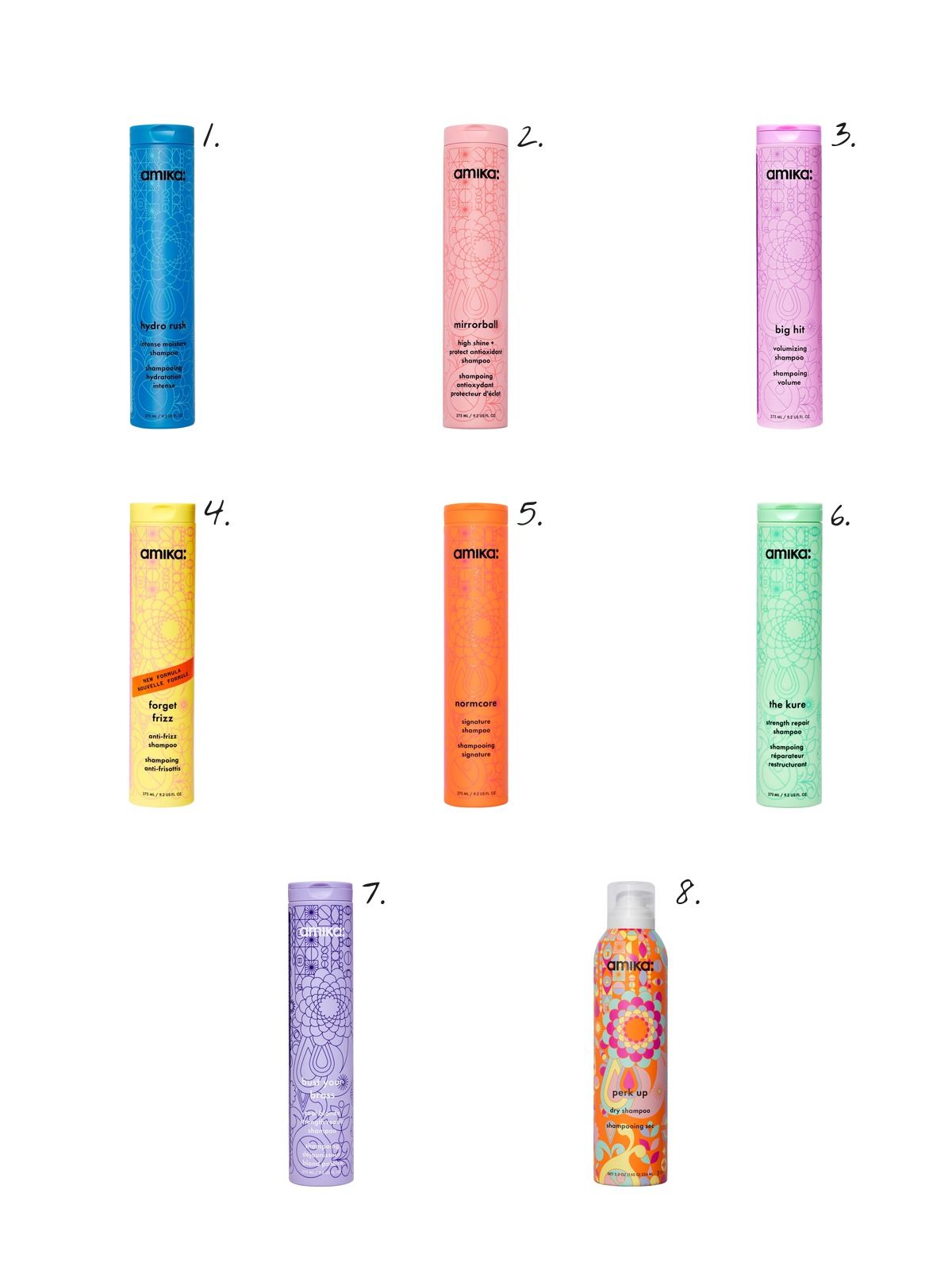 Numbered collage: 1. amika Hydro Rush Intense Moisture Shampoo with Hyaluronic Acid; 2. amika Mirrorball High Shine + Protect Antioxidant Shampoo; 3. amika Big Hit Volumizing Shampoo; 4. amika Forget Frizz Anti-Frizz Shampoo; 5. amika Normcore Nourishing Shampoo; 6. amika The Kure Strength Repair Shampoo; 7. amika Bust Your Brass Cool Blonde Strength Repair Shampoo; 8. amika Perk Up Talc-Free Dry Shampoo