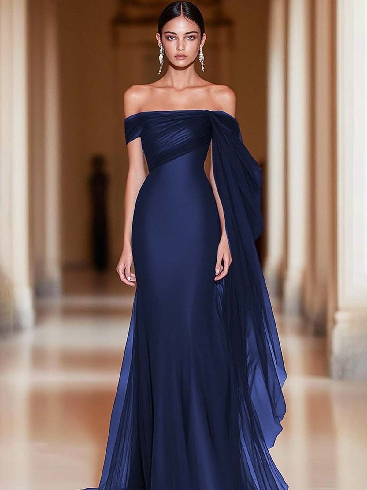Model in a navy off the shoulder gown with long draped sleeves