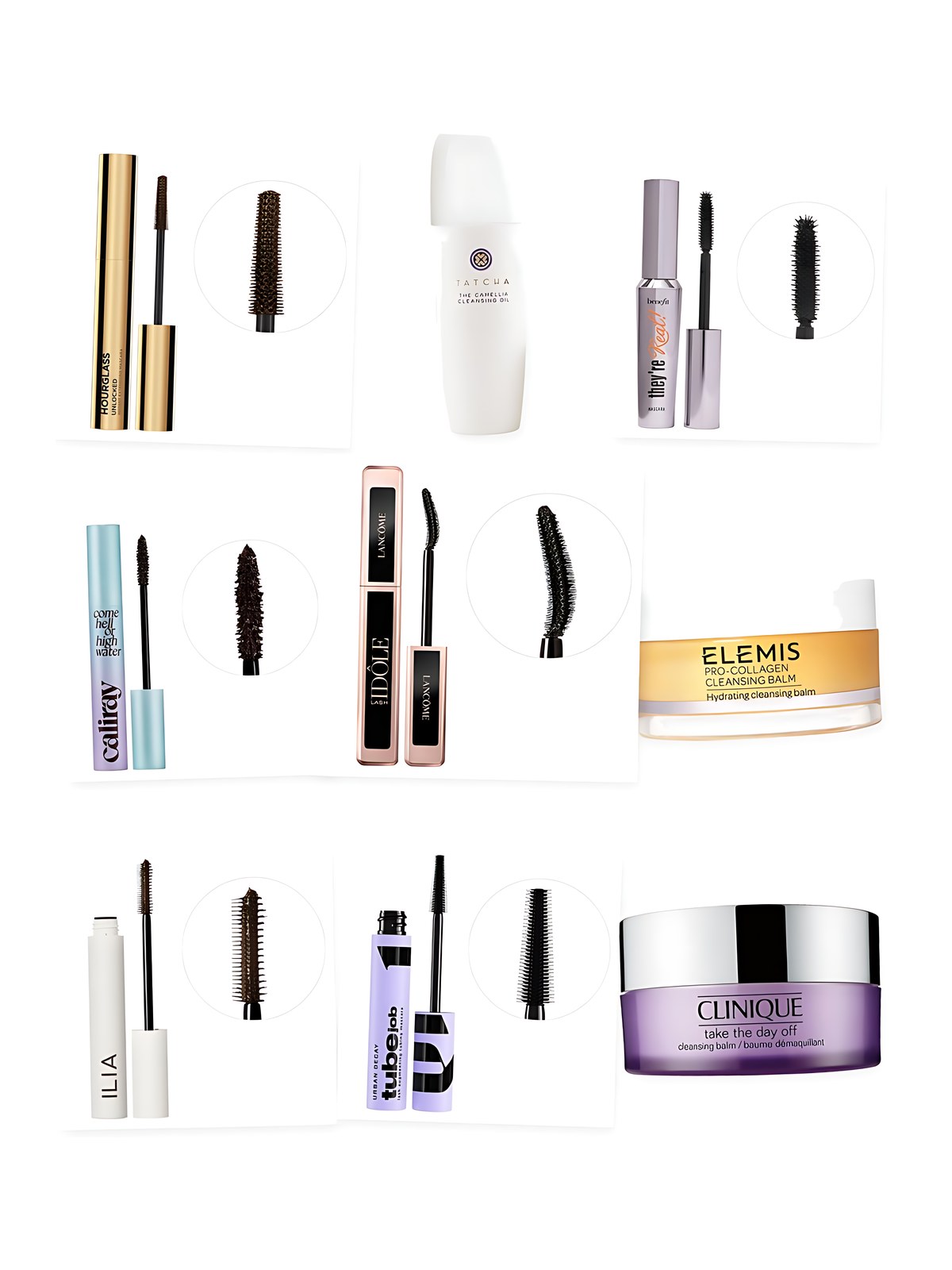 Collage on a white background showing Lancôme Lash Idôle Lengthening & Volumizing Mascara, Hourglass Hourglass Unlocked Defining and Lengthening Tubing Mascara, Elemis Pro-Collagen Makeup Melting Cleansing Balm, Benefit Cosmetics They're Real! Lengthening Mascara, Urban Decay Tube Job Lash Augmenting Tubing Mascara, Clinique Take The Day Off™ Makeup Removing Cleansing Balm, ILIA Limitless Lash Mascara - Clean Lengthening Mascara, caliray Come Hell or High Water 24-hour Volumizing & Lengthening Tubing Mascara and Tatcha The Camellia Oil 2-in-1 Makeup Remover & Cleanser.