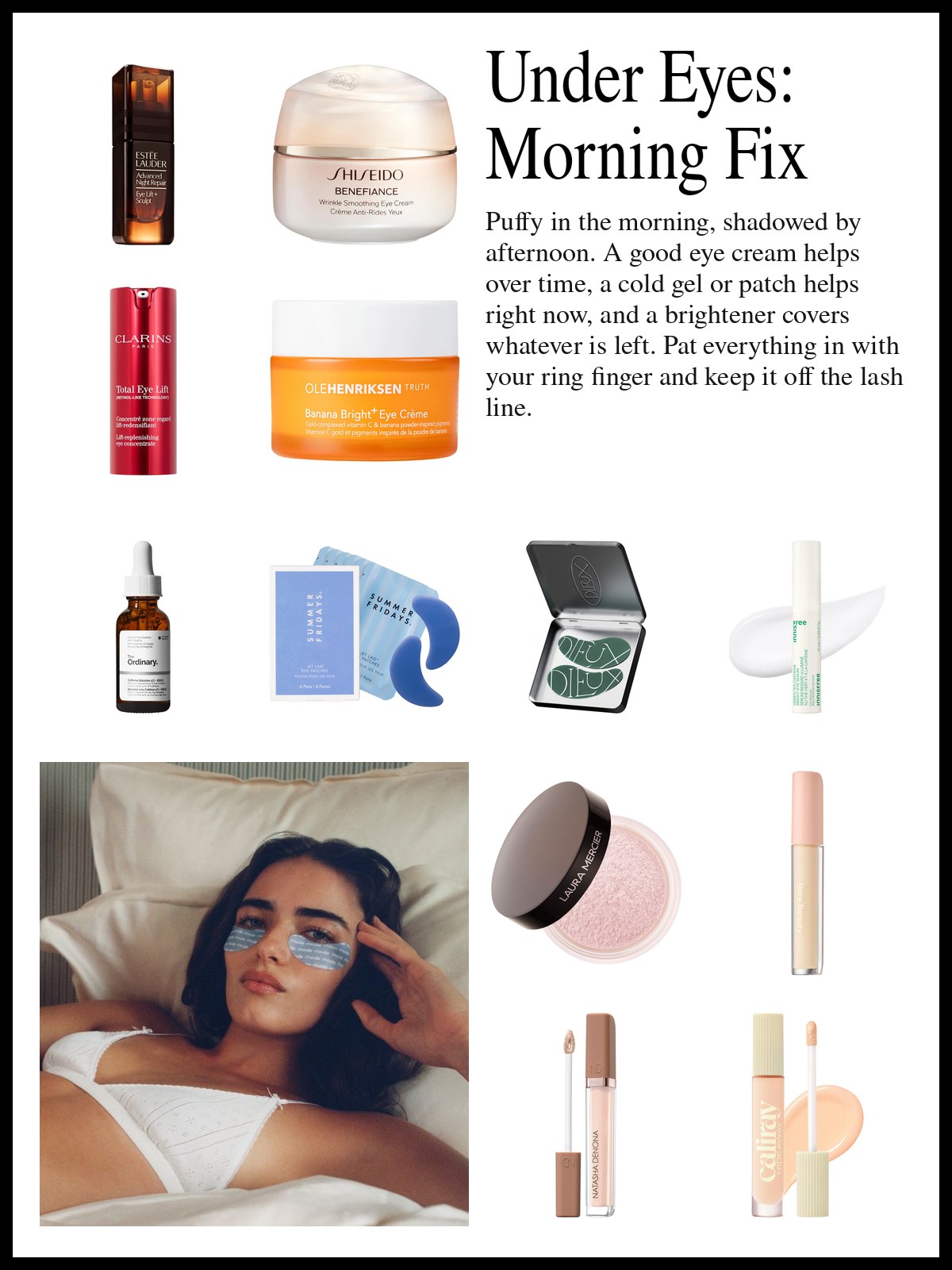 Collage of eye creams, eye patches and under-eye brighteners beside a photo of a woman in bed wearing under-eye patches.