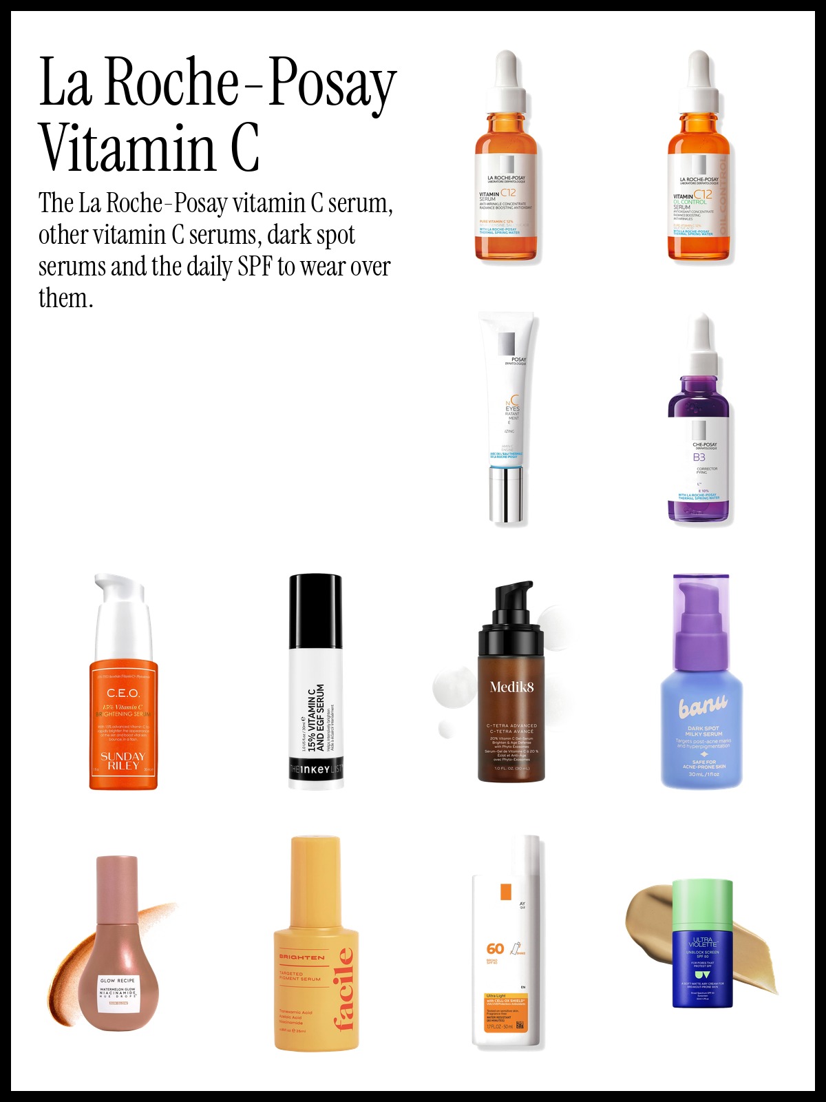 Collage of La Roche-Posay Pure 12% Vitamin C Serum, Sunday Riley C.E.O. Vitamin C Serum and banu Brightening Dark Spot Milky Serum