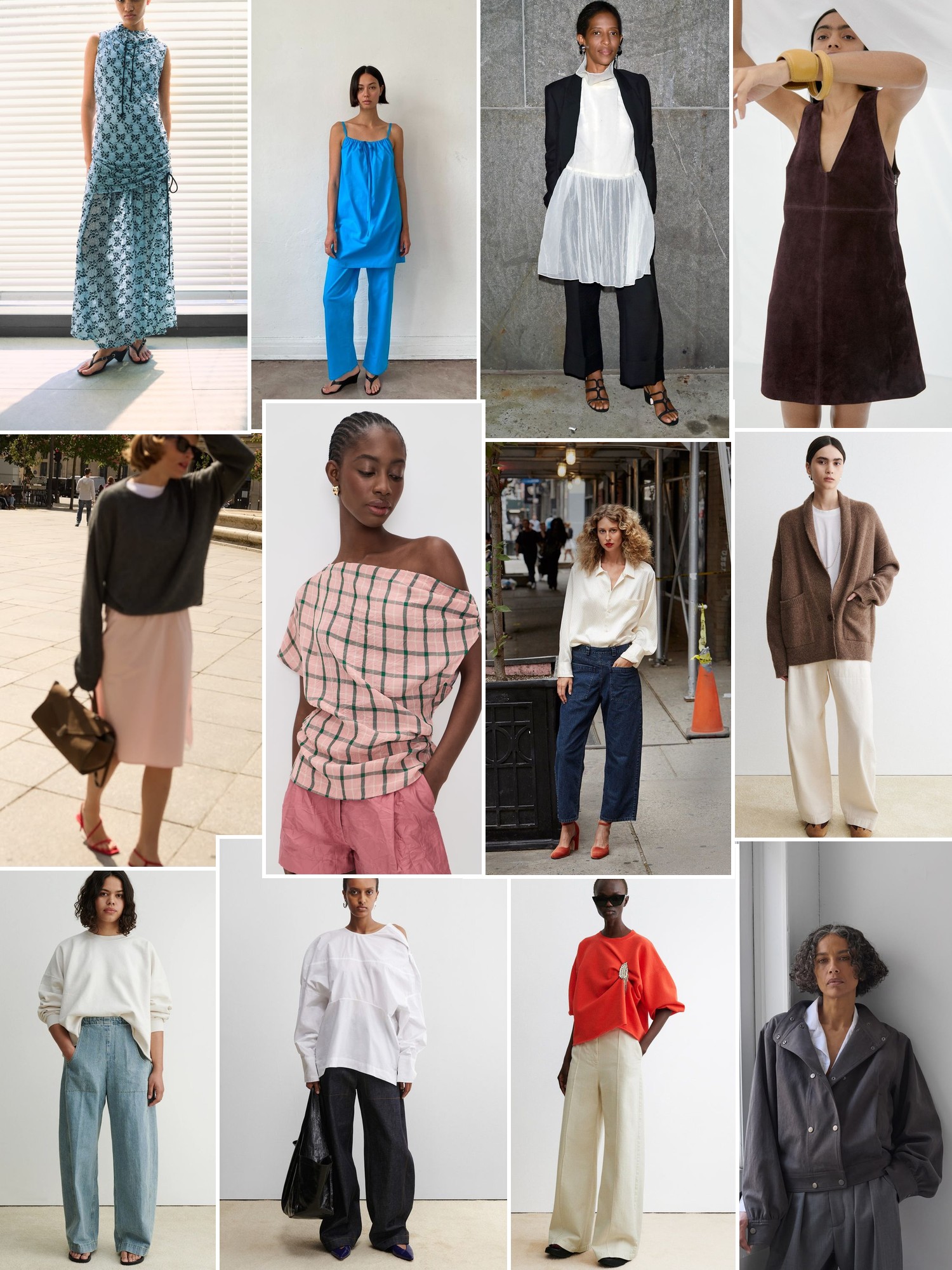 Collage of runway looks, campaign shots and street style outfits that capture the Rachel Comey mood